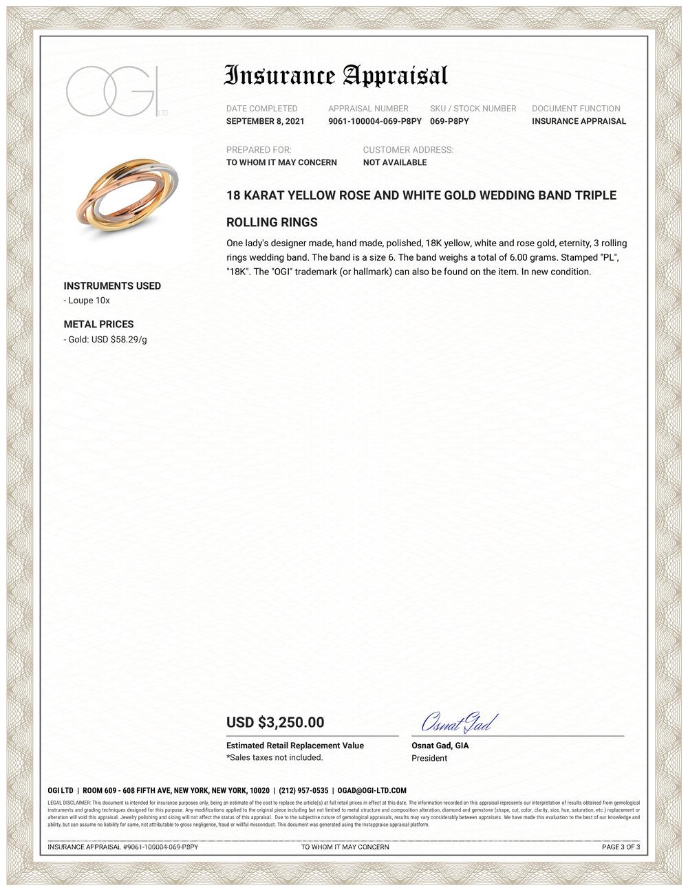 Eighteen Karat White, Yellow and Rose gold rolling ring
Each band measures 1.5 millimeter
Ring size 6
Comfort fit
Ring cannot be resized 
Handmade in the USA
Three bands made in die striking process that utilizes an enormous amount of pressure to