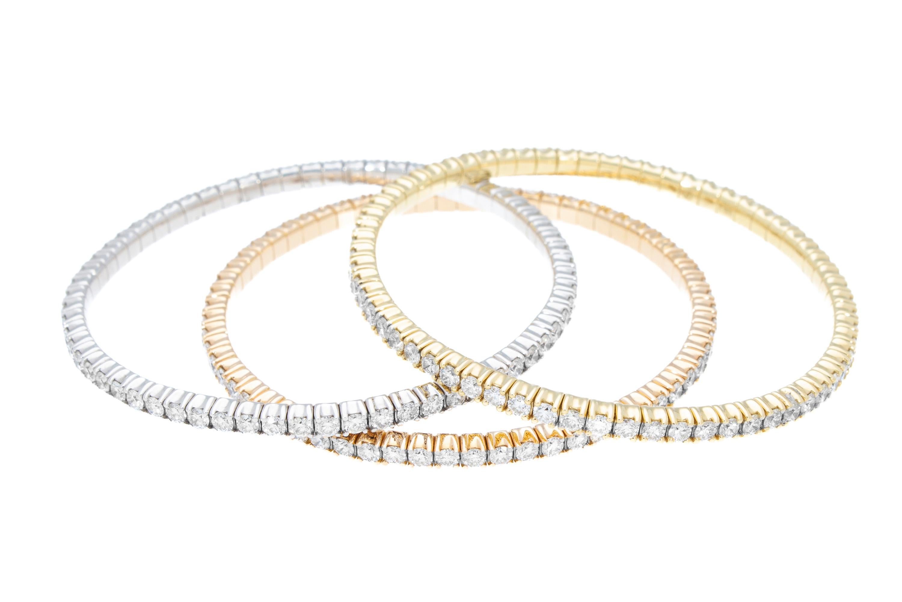 Three Elastic Tennis Bracelets, 12.51 ct Diamonds, Tricolor 18 Kt. Made in Italy For Sale 1