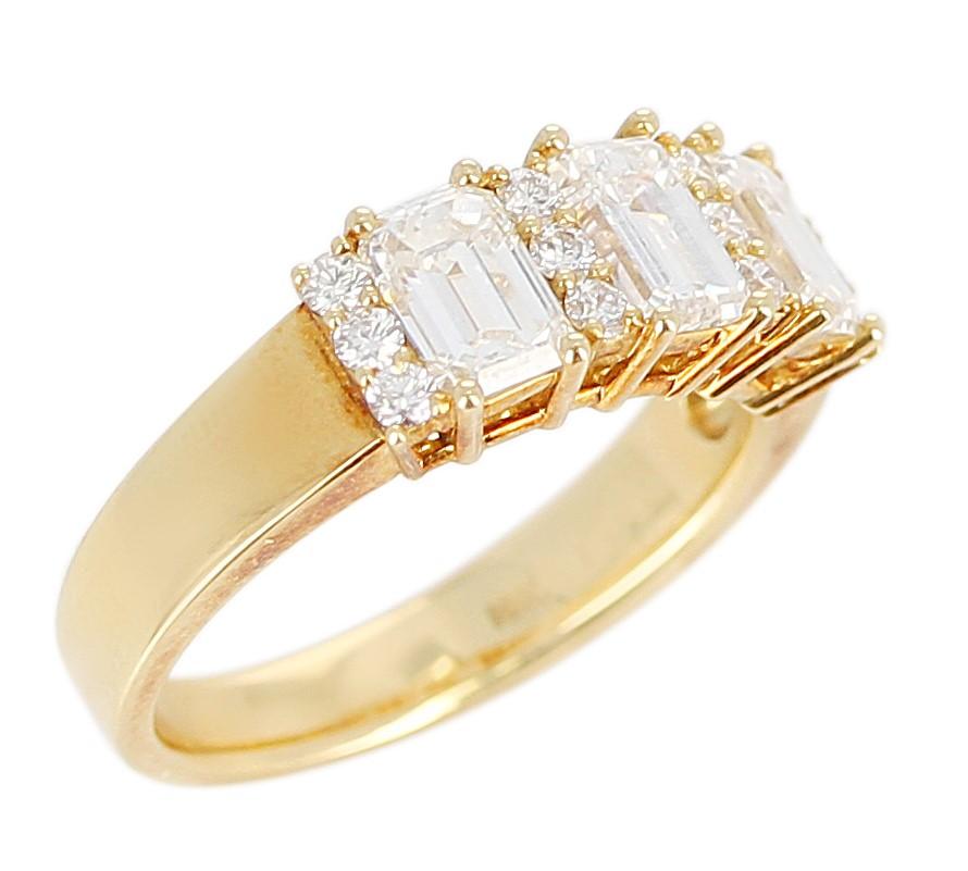 Emerald Cut Three Emerald-Cut Diamond Wedding Ring with Round Diamonds, 18 Karat Yellow Gold For Sale