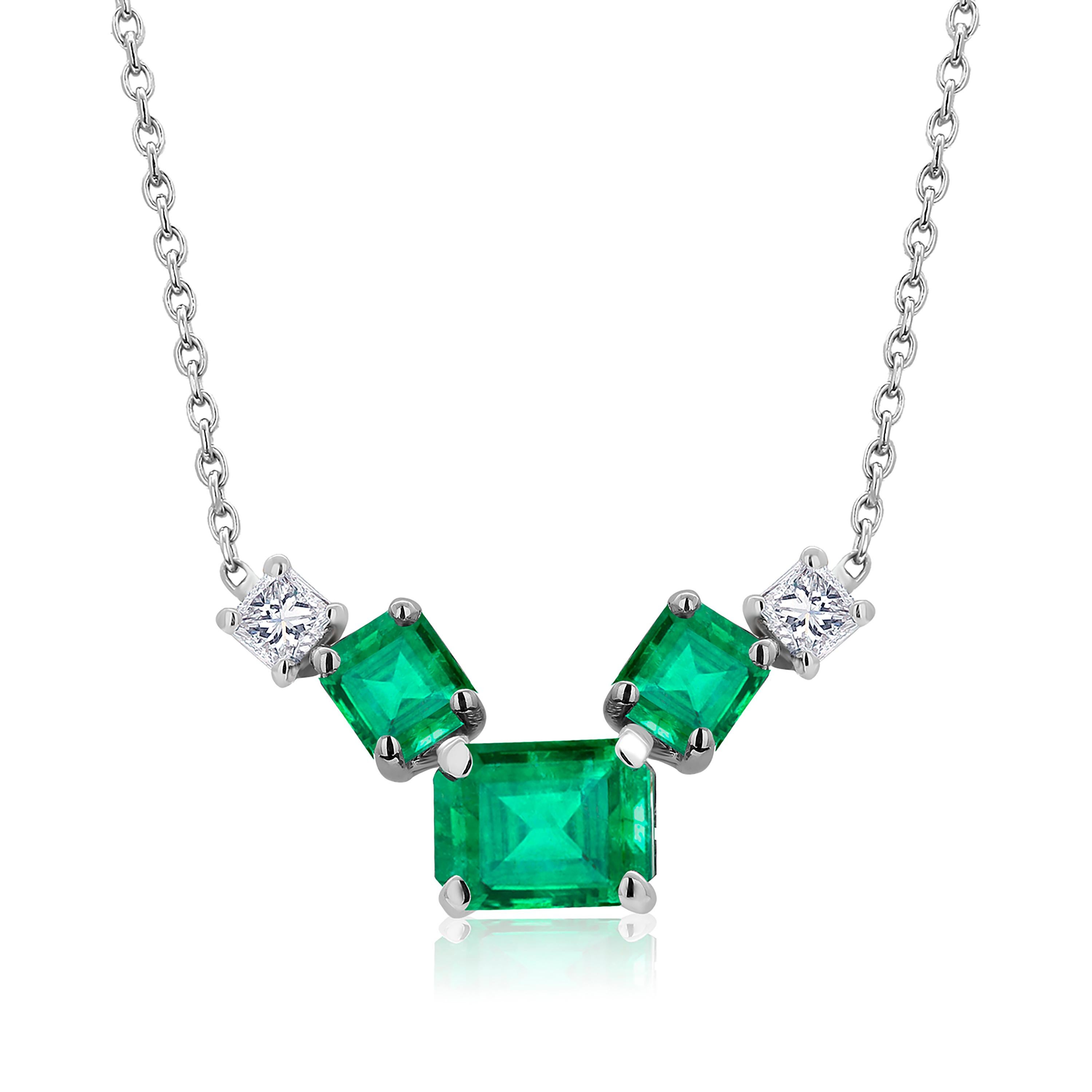Emerald Cut Three Emerald Shaped Emeralds Two Princess Diamonds Gold Drop Pendant Necklace