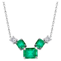 Three Emerald Shaped Emeralds Two Princess Diamonds Gold Drop Pendant Necklace