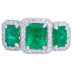 Three Emeralds 18 Karat Gold Cocktail Ring Diamonds Certified, 1970