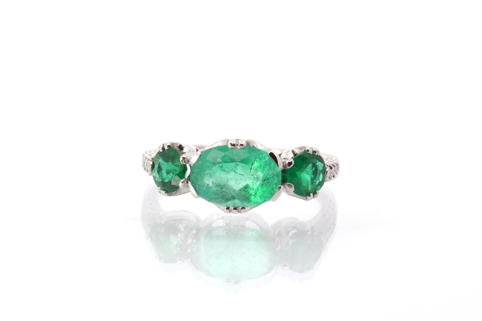 Stones: 1 emerald of 1.35 cts, 2 emeralds of 0.70 ct and 8 old cut diamonds: 0.15 ct.
Material: Platinum
Weight: 3.8g
Period: Recent vintage style (handmade)
Size: 53 (free sizing)
Certificate
Ref. : 23335-25391
​