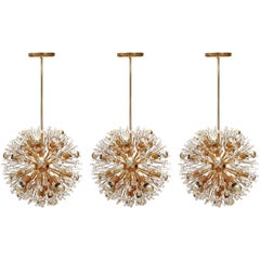 Vintage Three Emil Stejnar Sputnik Chandeliers Pendant Lights, Gilt Brass Glass, 1970