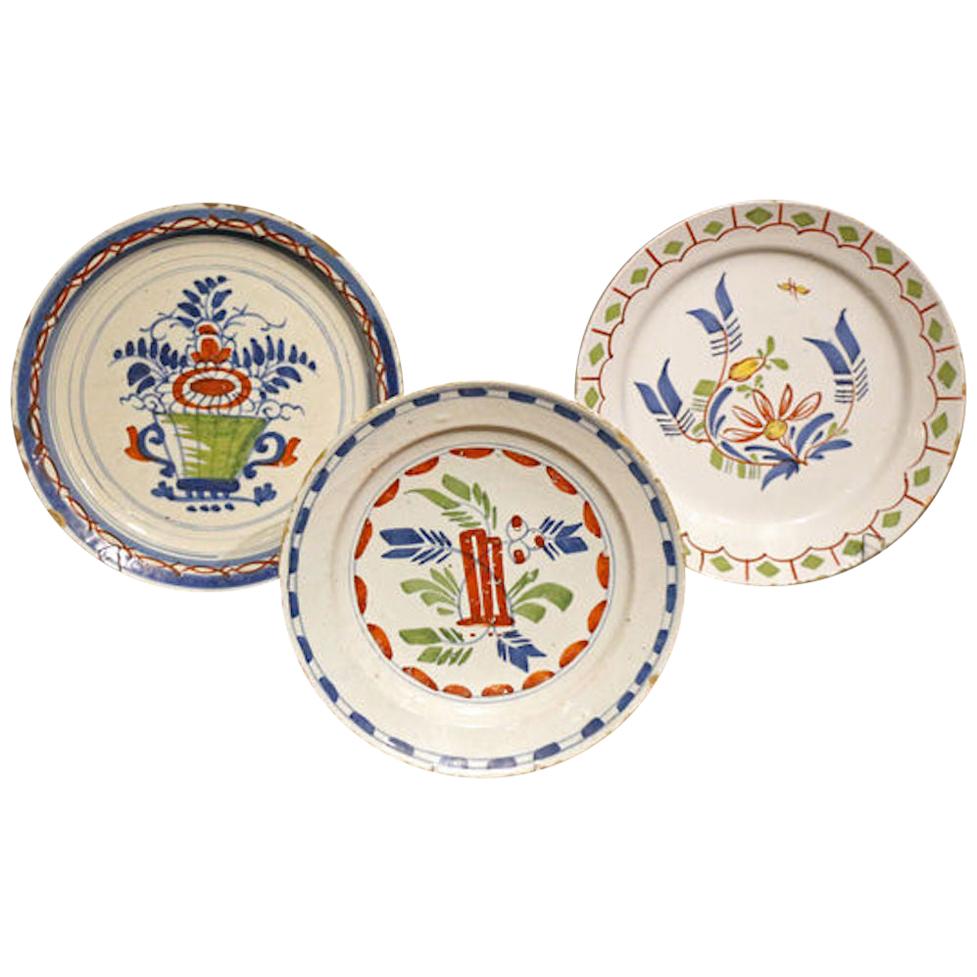 Three English Delftware Decorative Plates with Polychrome Colors For Sale