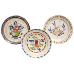 Antique Three English Delftware Decorative Plates with Polychrome Colors