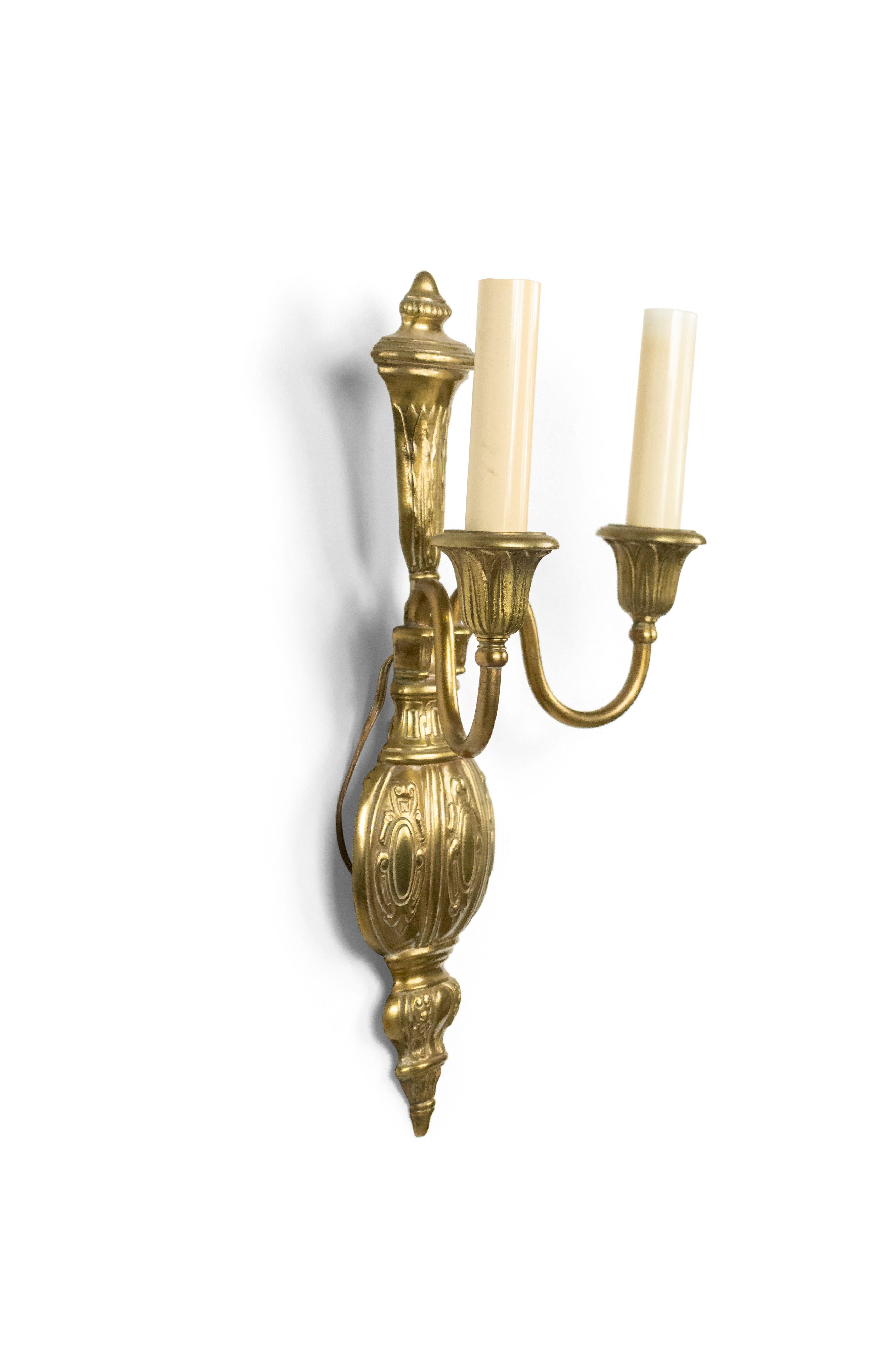 3 English Georgian style brass 2-arm wall sconces with leaf cast vasiform back plate, 20th century (priced each).