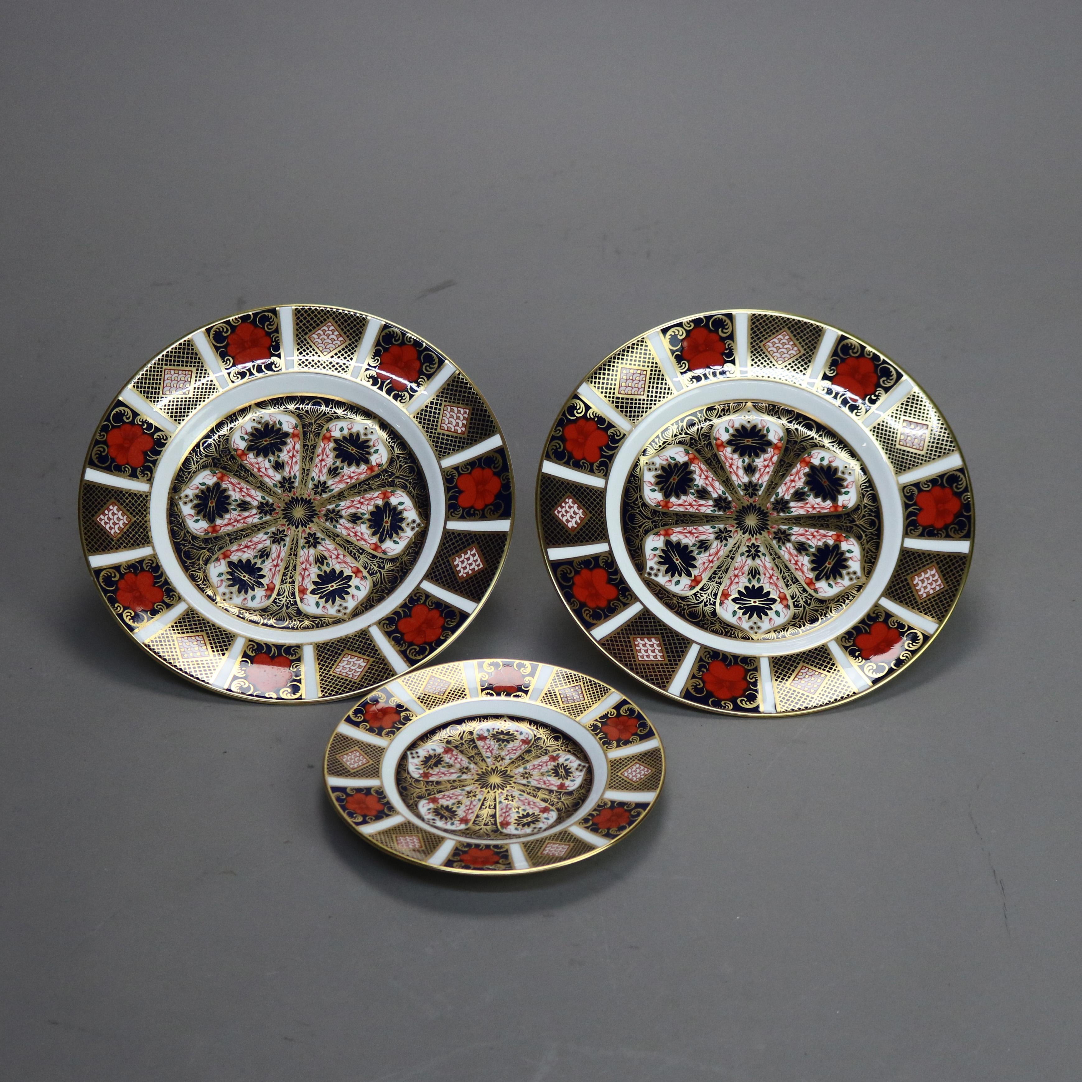 Three English Royal Crown Derby Old Imari Bone China Gilt Plates with Seal 20thC

Small - 6 1/4