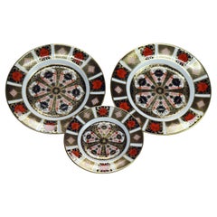 Three English Royal Crown Derby Old Imari Bone China Gilt Plates with Seal 20thC