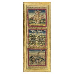 Trois panneaux anglais/écossais en Stitch by Stitch dans un cadre en bois doré vers 1570