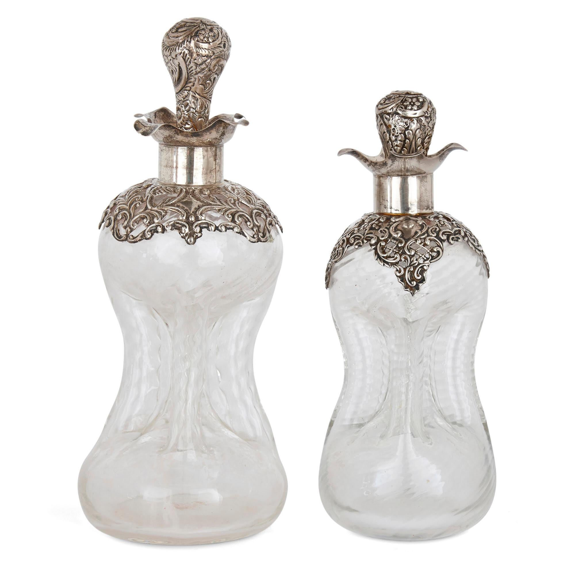 Late Victorian Three English Sterling Silver and Cut Glass Bottles For Sale