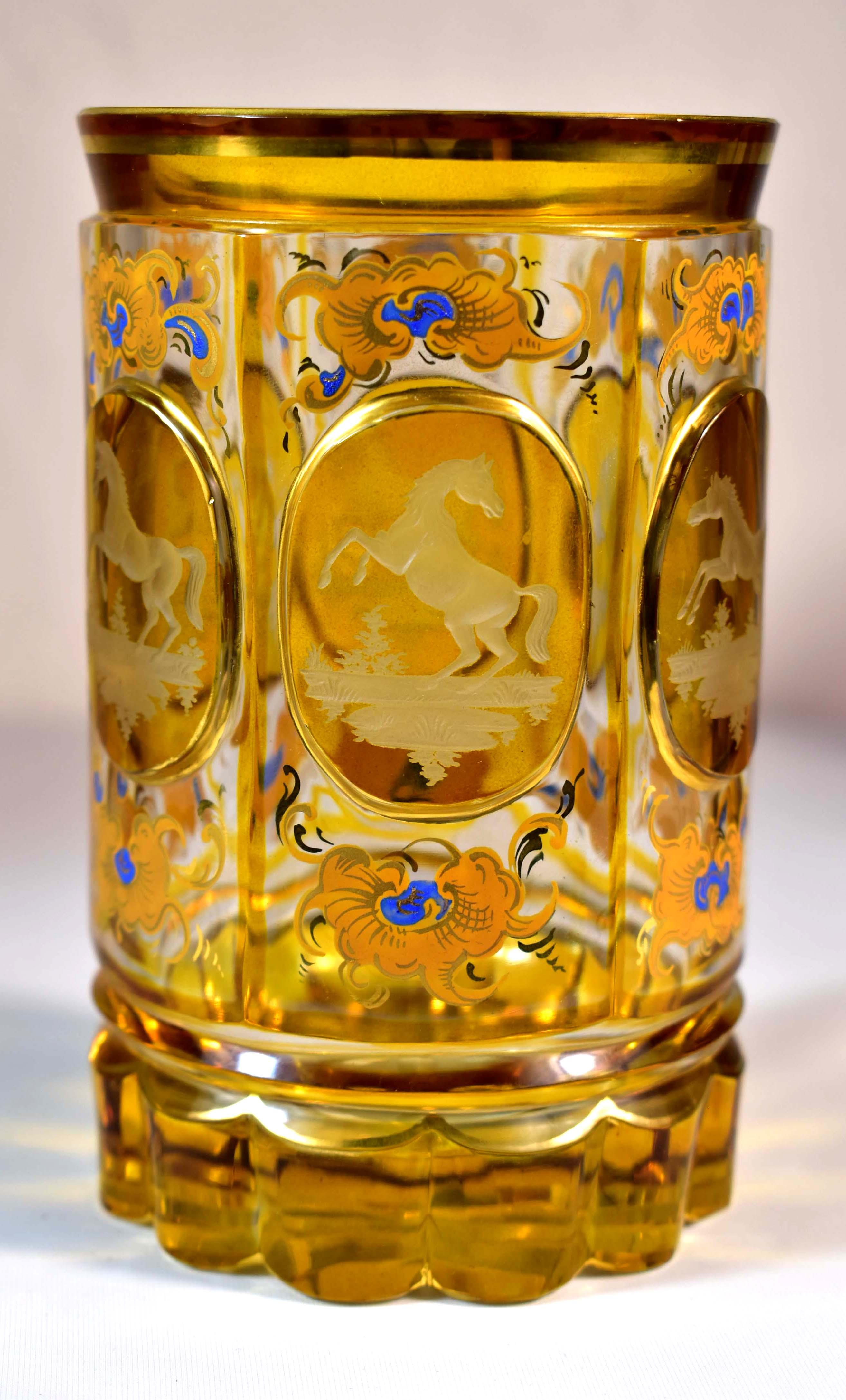 Three Engraved Goblets, Horses Motif, Bohemian Glass 19-20th century 6