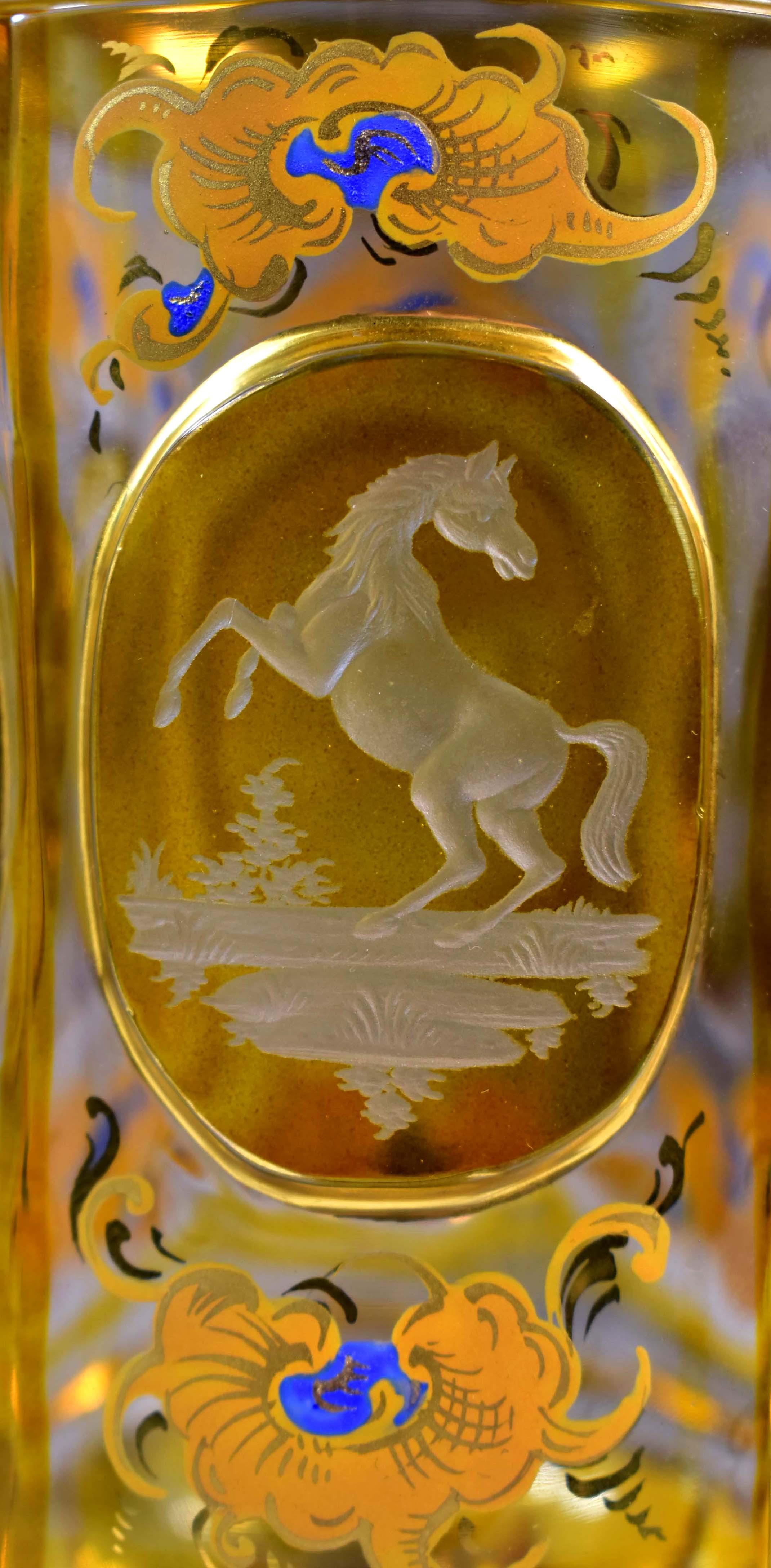 Three Engraved Goblets, Horses Motif, Bohemian Glass 19-20th century 7