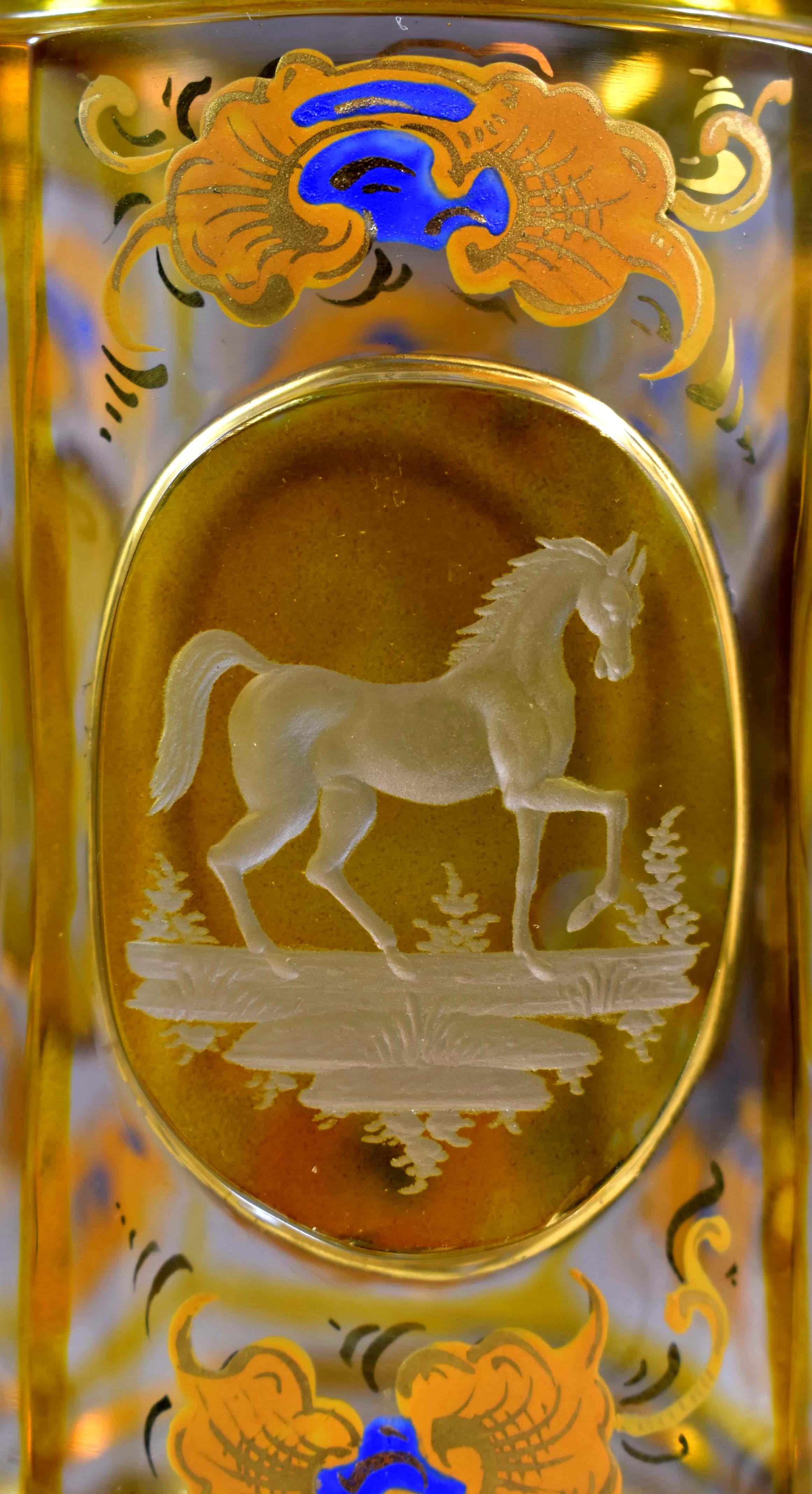 Three Engraved Goblets, Horses Motif, Bohemian Glass 19-20th century 10