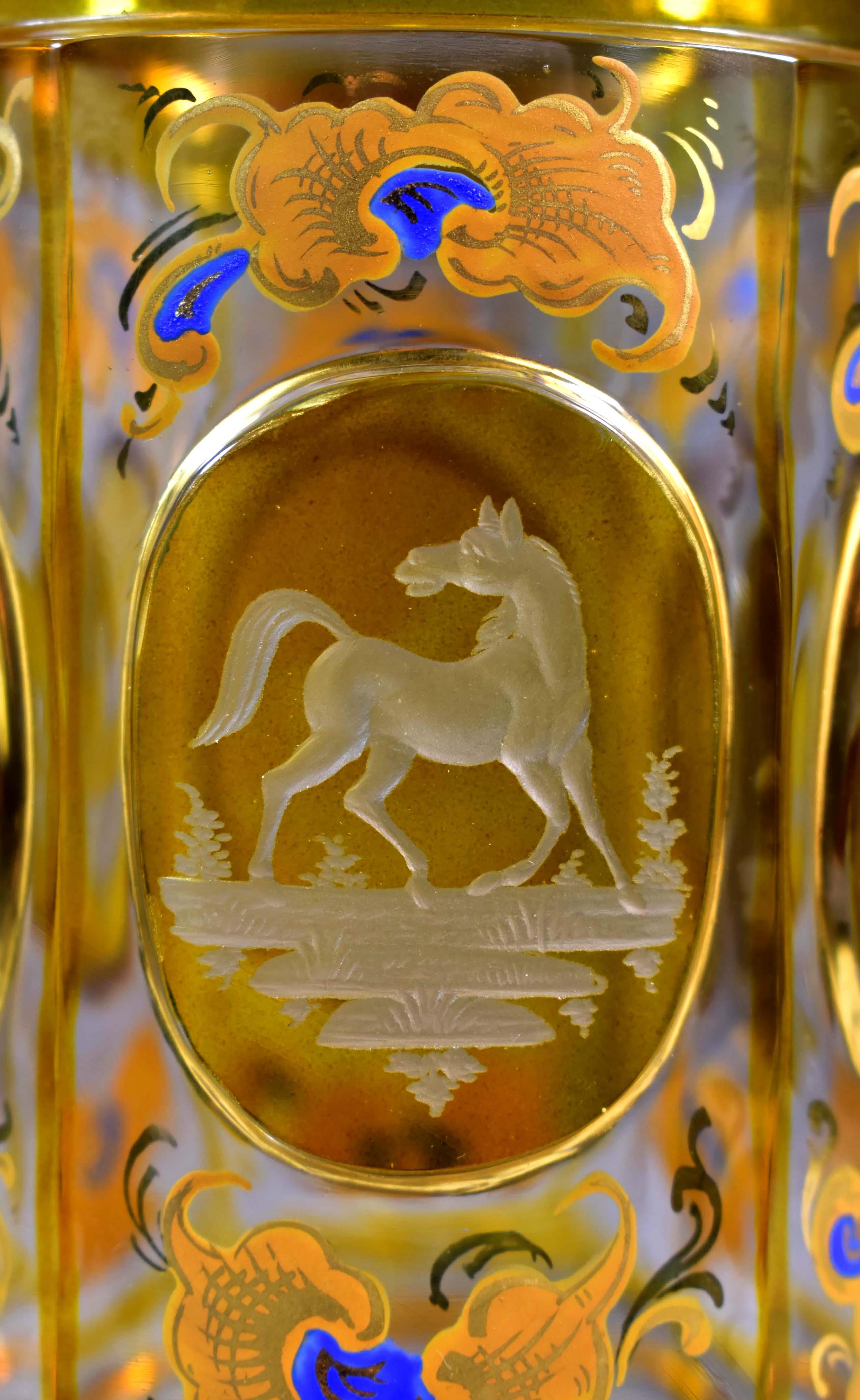 Three Engraved Goblets, Horses Motif, Bohemian Glass 19-20th century 11