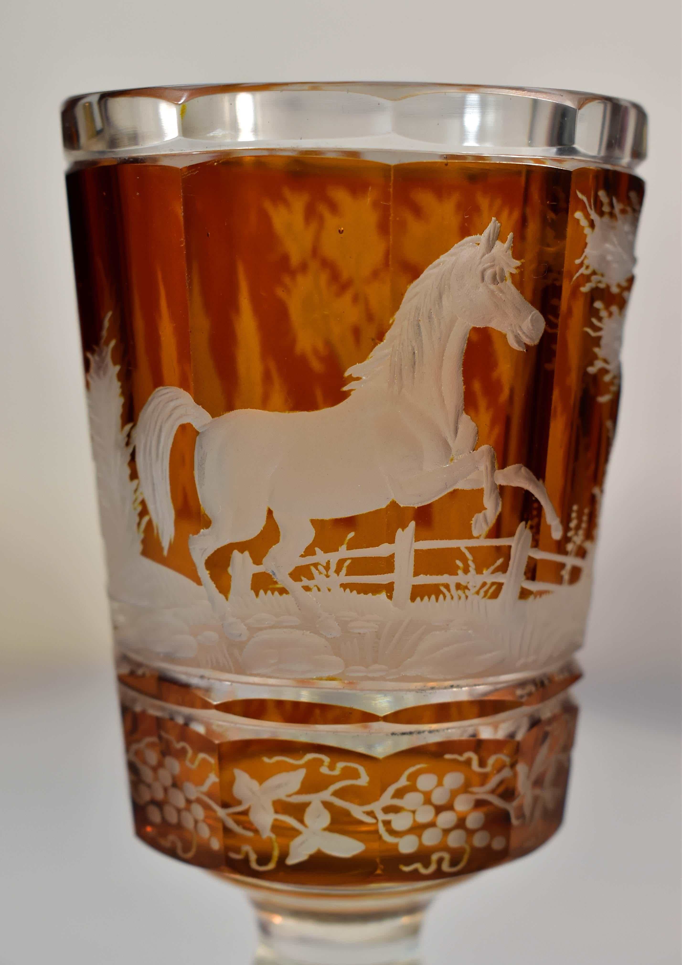 European Three Engraved Goblets, Horses Motif, Bohemian Glass 19-20th century