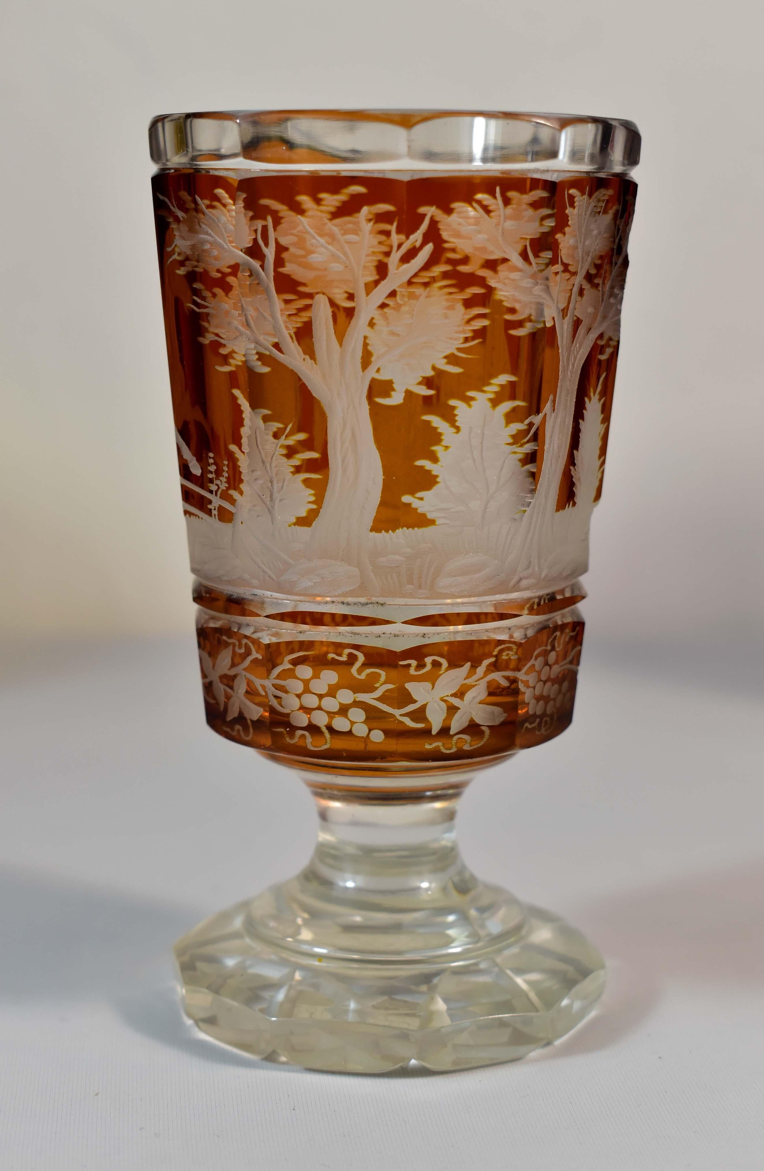 Hand-Crafted Three Engraved Goblets, Horses Motif, Bohemian Glass 19-20th century