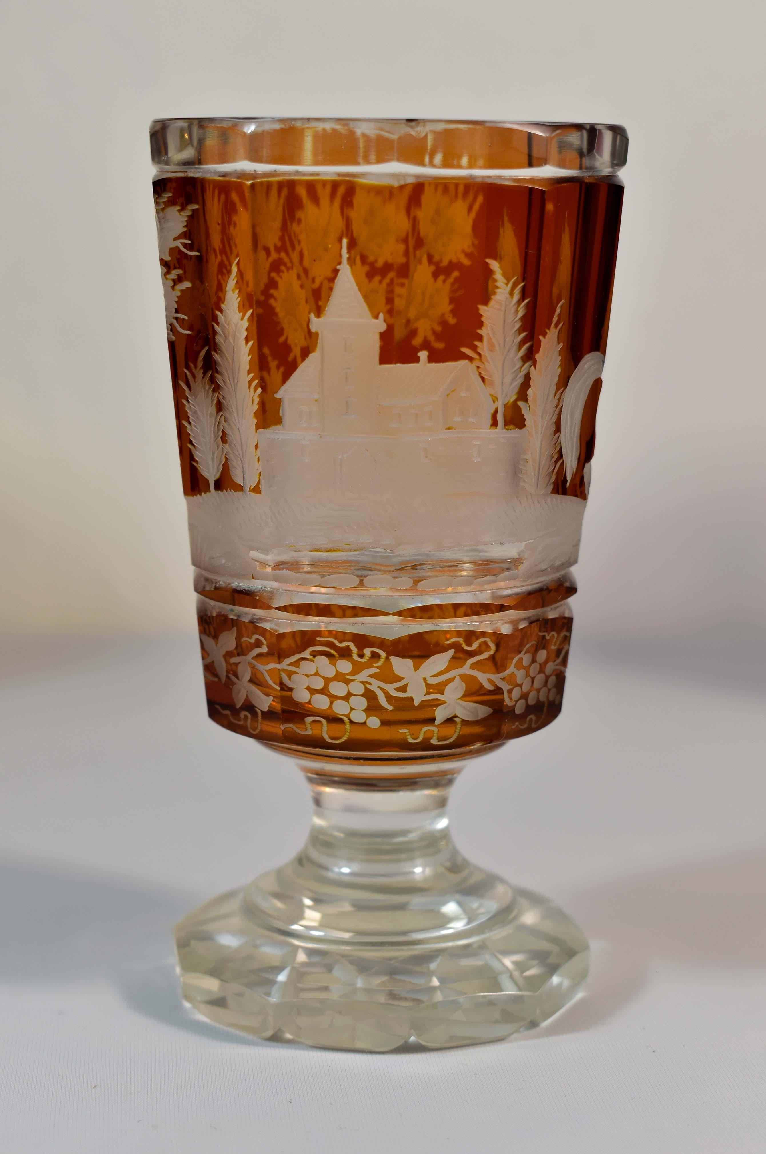 Three Engraved Goblets, Horses Motif, Bohemian Glass 19-20th century In Good Condition In Nový Bor, CZ