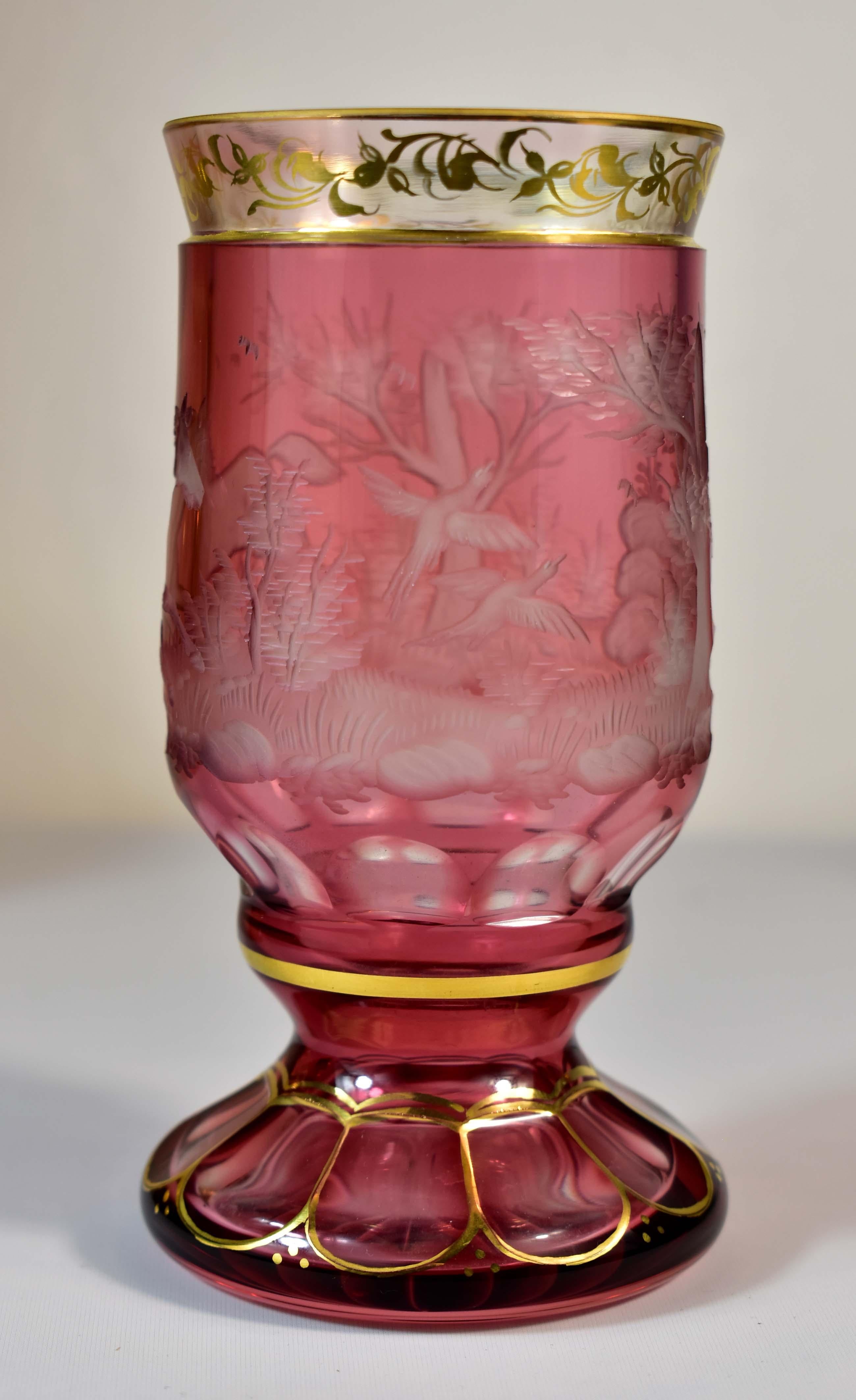 Three Engraved Goblets, Horses Motif, Bohemian Glass 19-20th century 3