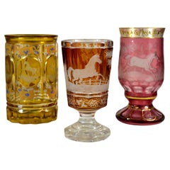 Vintage Three Engraved Goblets, Horses Motif, Bohemian Glass 19-20th century