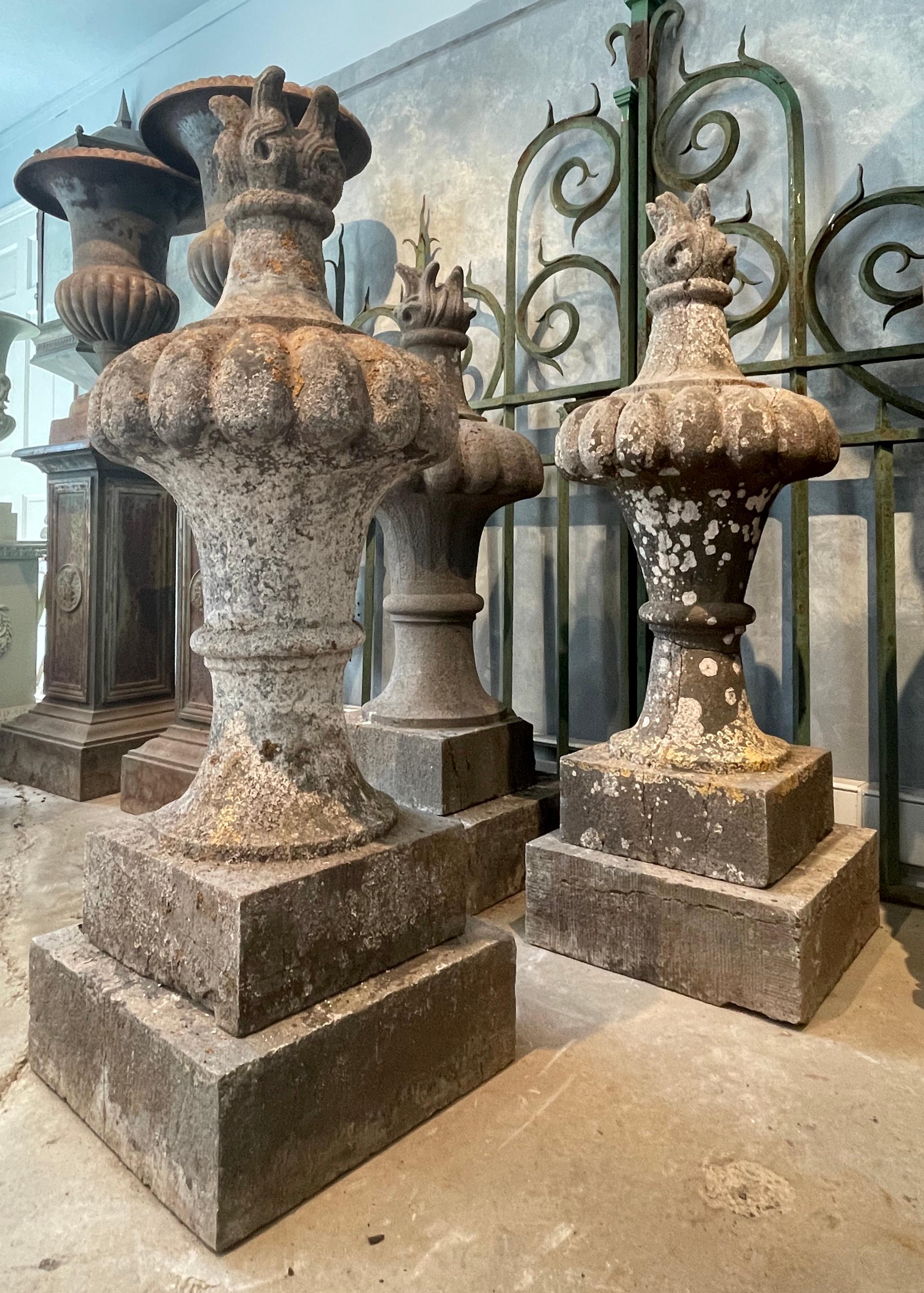 Three Enormous 18th C  Hand-Carved Belgian Bluestone Pot au Feu (Flame) Finials In Good Condition For Sale In Woodbury, CT