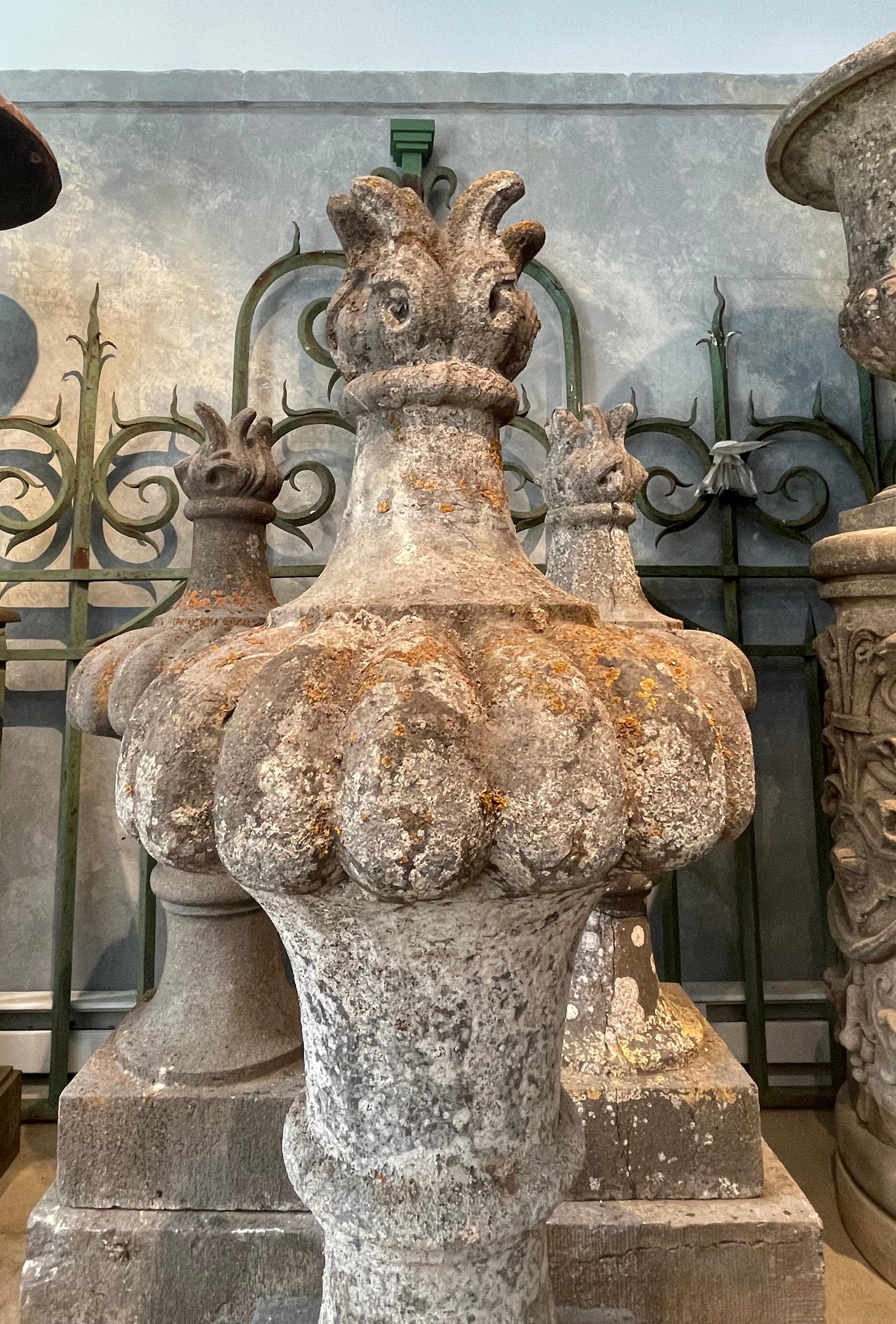 Three Enormous 18th C  Hand-Carved Belgian Bluestone Pot au Feu (Flame) Finials For Sale 3