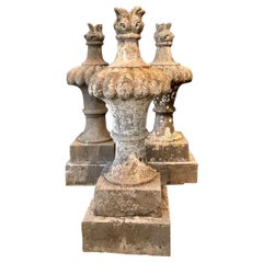 Antique Three Enormous 18th C  Hand-Carved Belgian Bluestone Pot au Feu (Flame) Finials