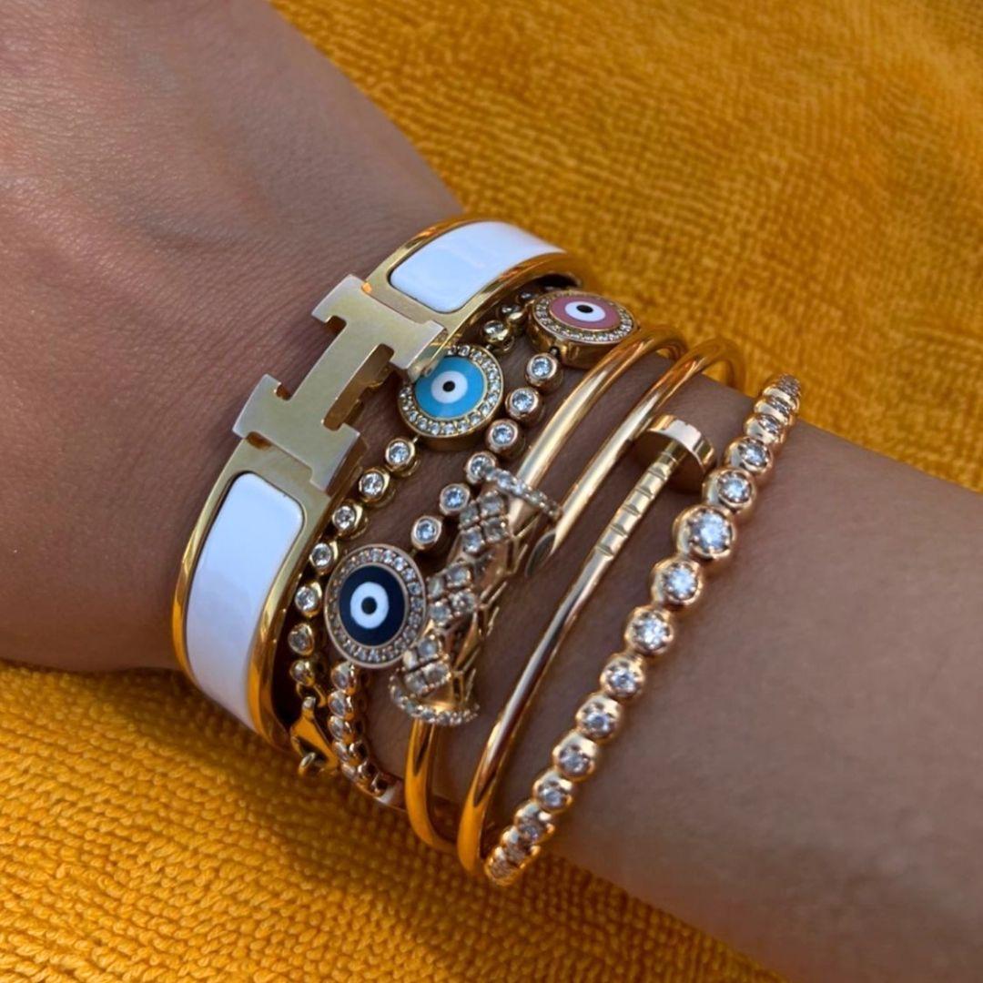 Three Evil Eye Diamond Tennis Bracelet In New Condition For Sale In Tampa, FL