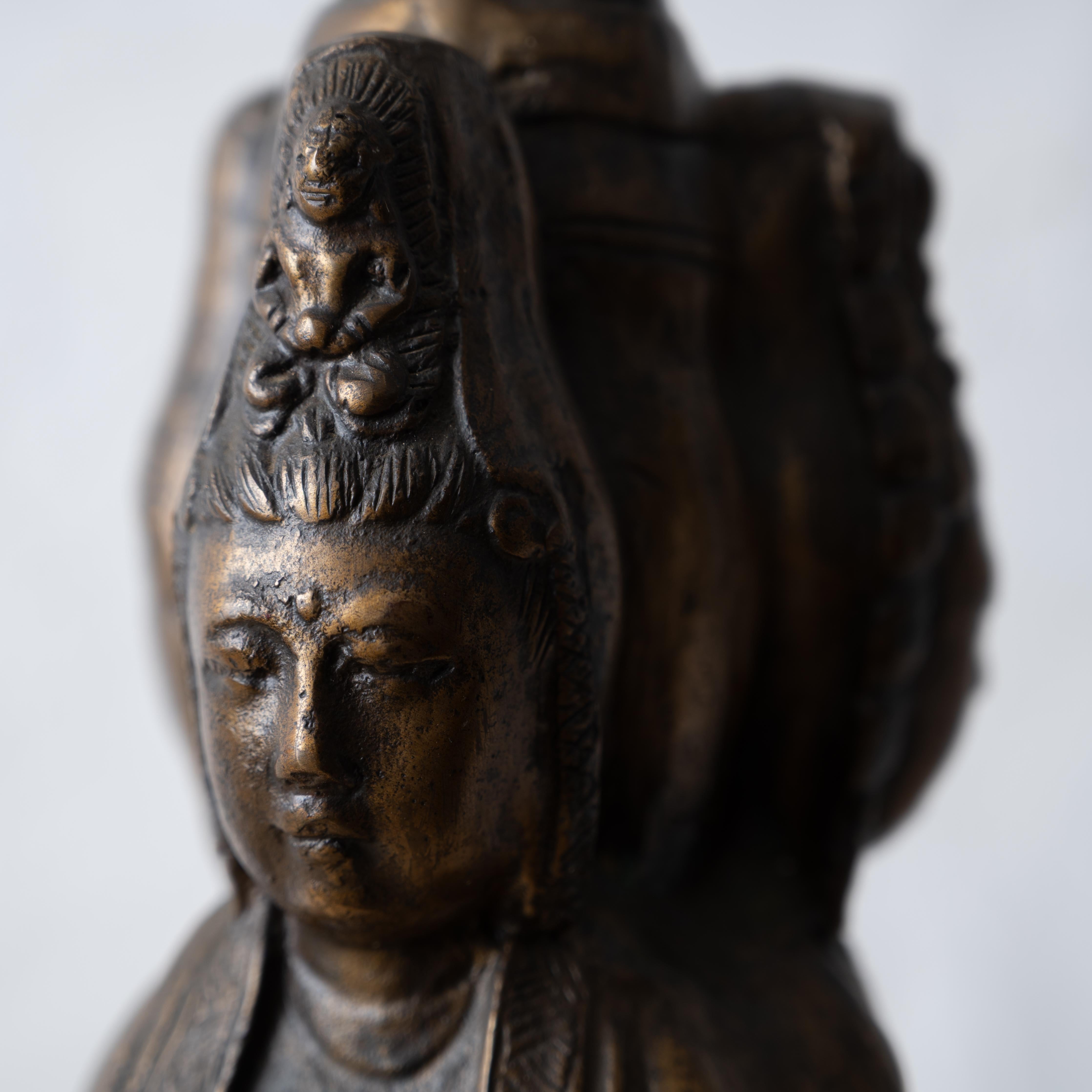 Three-Faced Guanyin Bronze Lamp, Early 20th Century For Sale 7