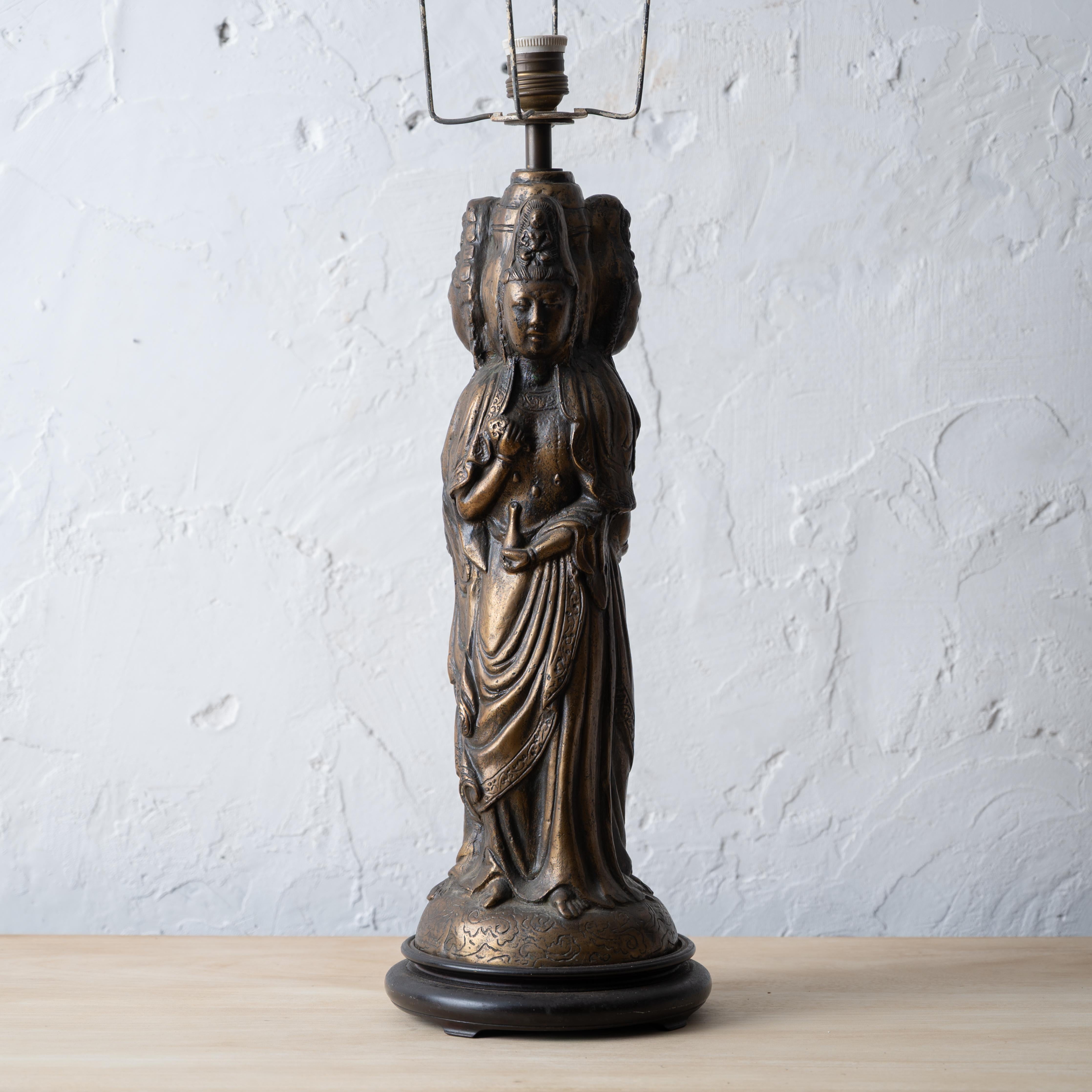 Three-Faced Guanyin Bronze Lamp, Early 20th Century In Good Condition For Sale In Savannah, GA