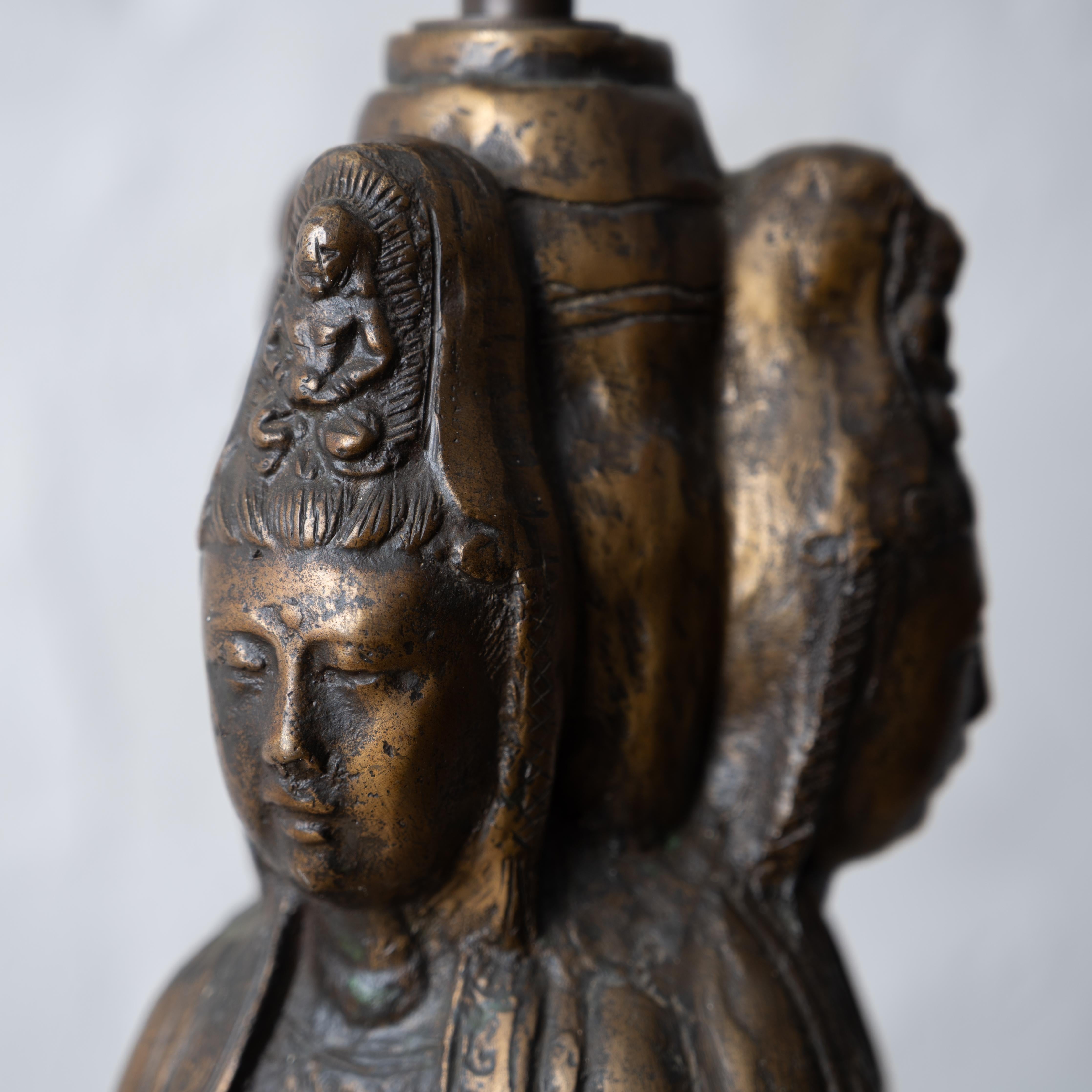 Three-Faced Guanyin Bronze Lamp, Early 20th Century For Sale 4