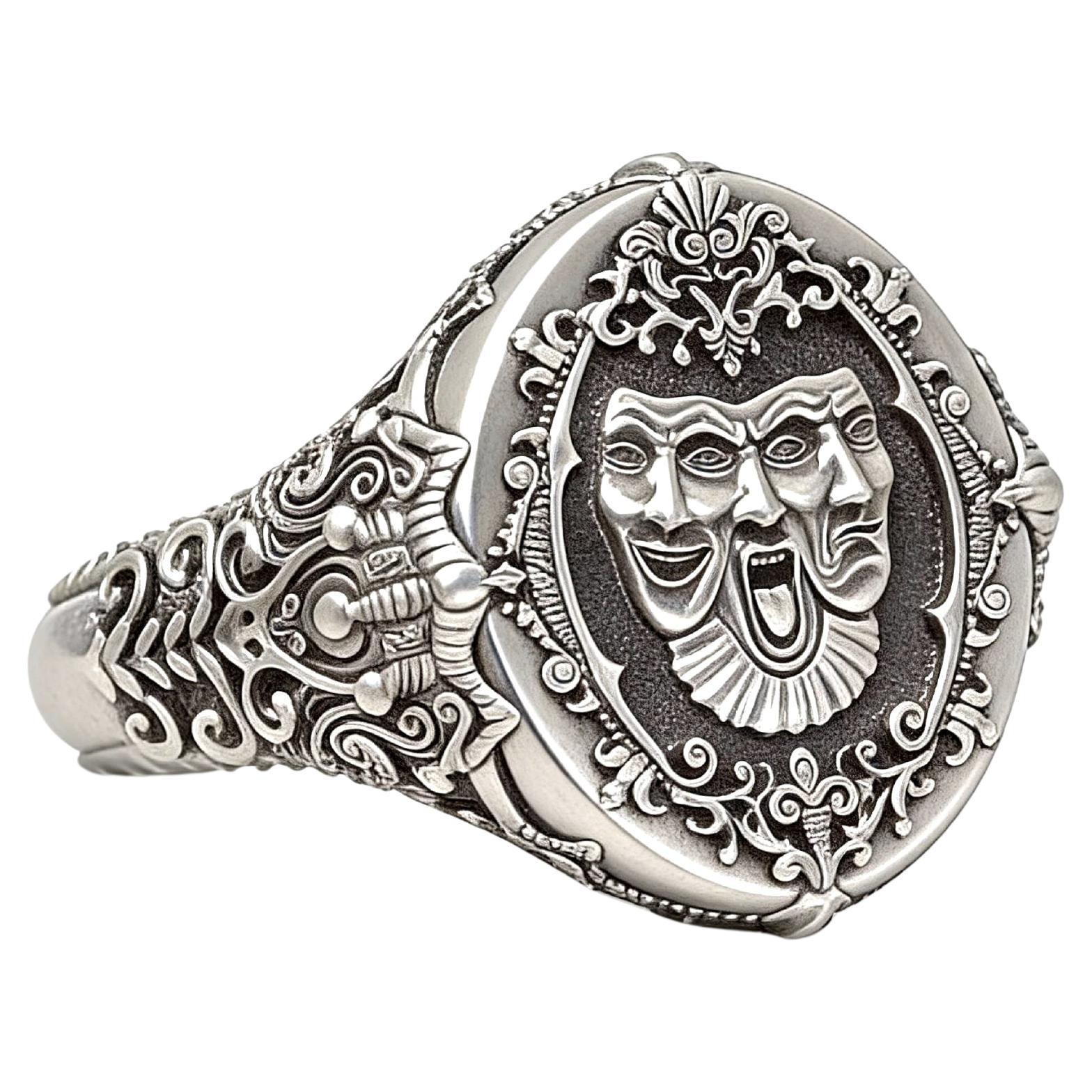 Drei Gesichter Venezianische Maske Gotischer Siegelring aus Silber 935