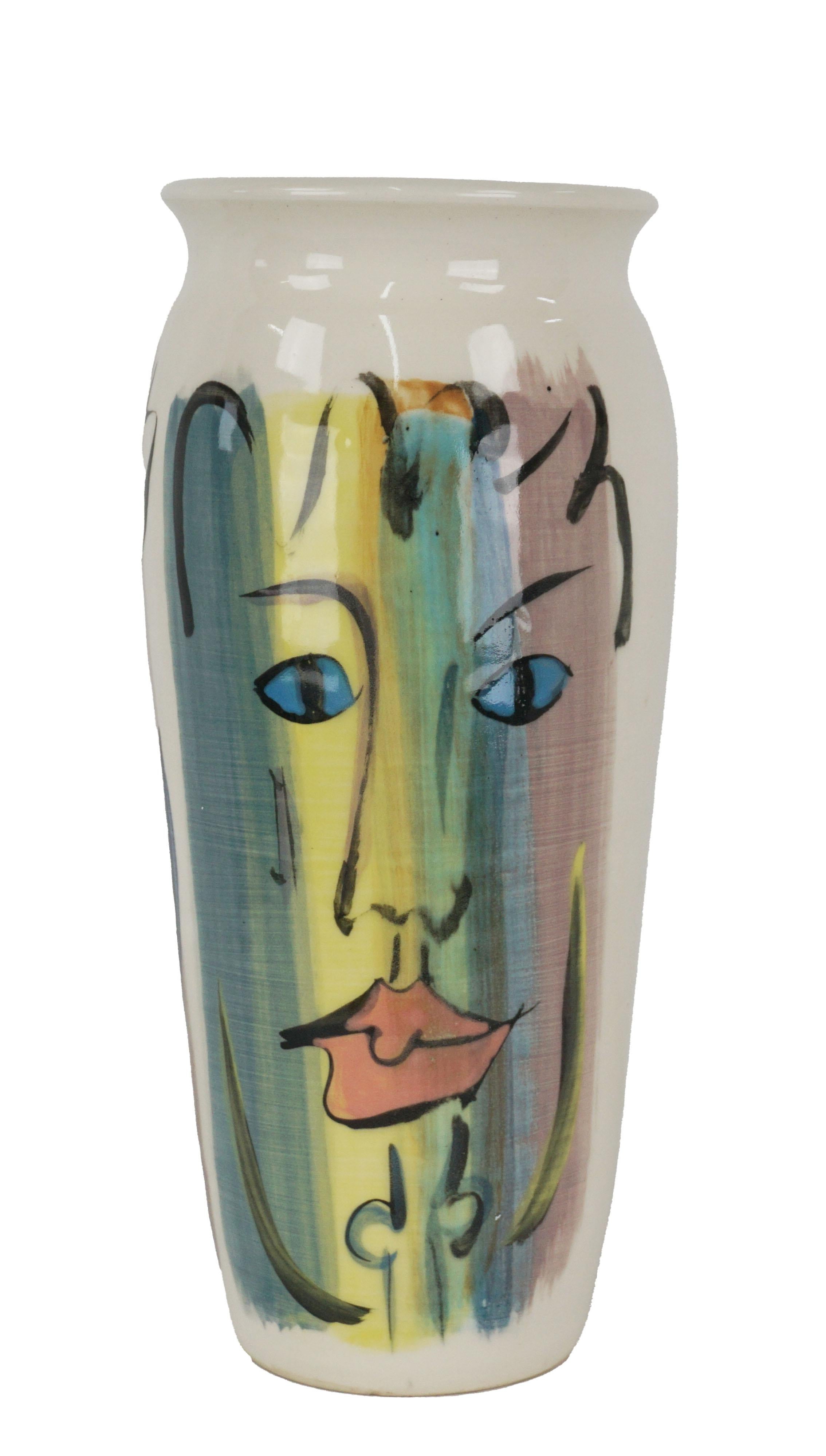 Very fun large vase with three abstracted faces by Northern California ceramist Karen Waterman (American, b. 1959), 1994. Ivory glaze background with 