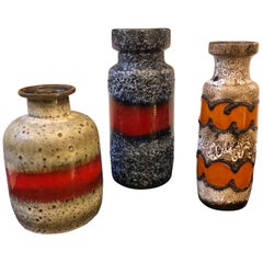 Three Fat Lava Ceramic German Vases, circa 1960