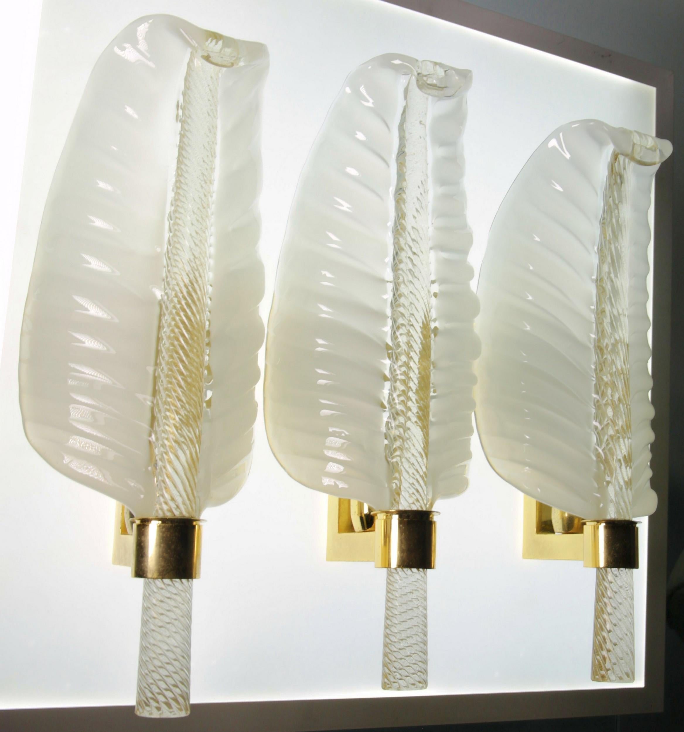 Three Lattimo Glass Feather Sconces, Gold Leaf Rigadin Stem Venini Buzzi Style 2