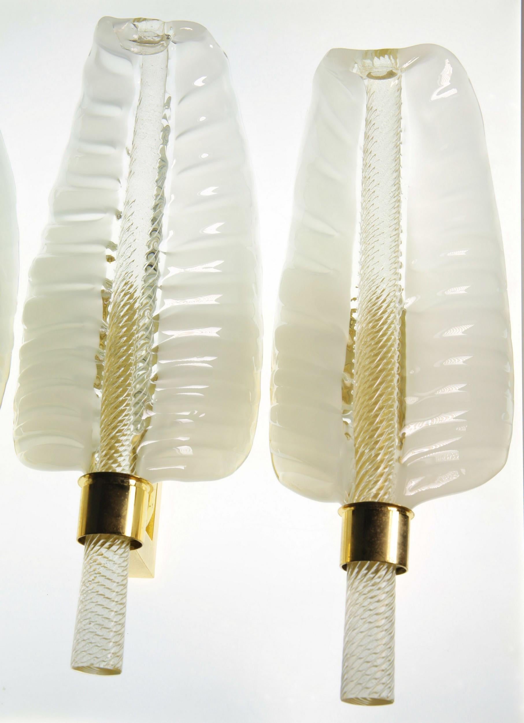 Three Lattimo Glass Feather Sconces, Gold Leaf Rigadin Stem Venini Buzzi Style 6