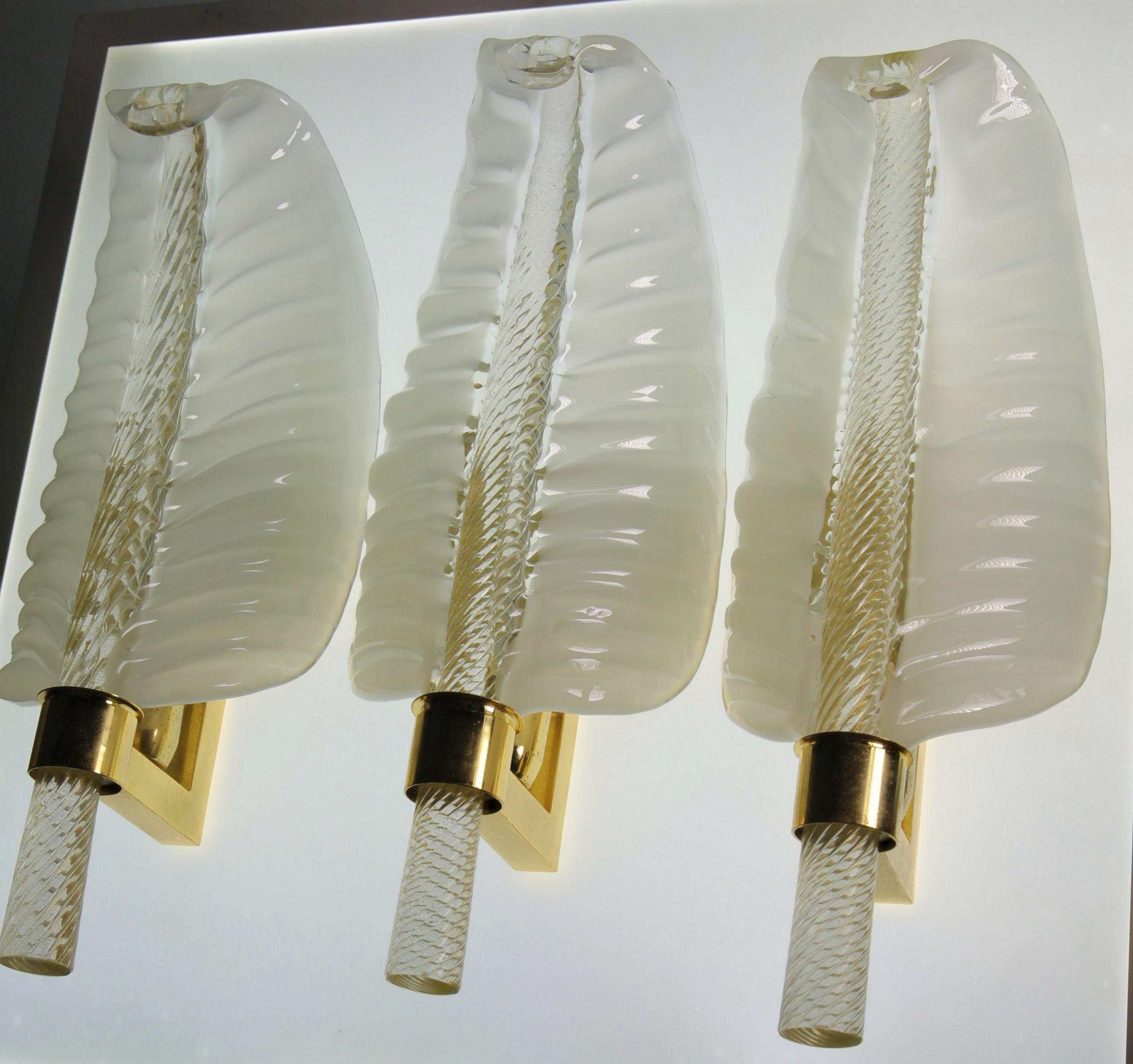 Mid-Century Modern Three Lattimo Glass Feather Sconces, Gold Leaf Rigadin Stem Venini Buzzi Style
