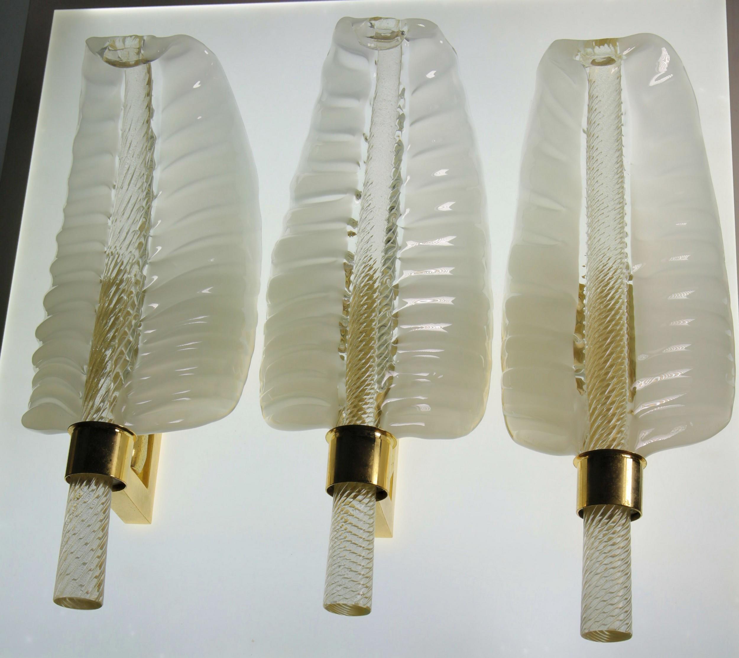 20th Century Three Lattimo Glass Feather Sconces, Gold Leaf Rigadin Stem Venini Buzzi Style