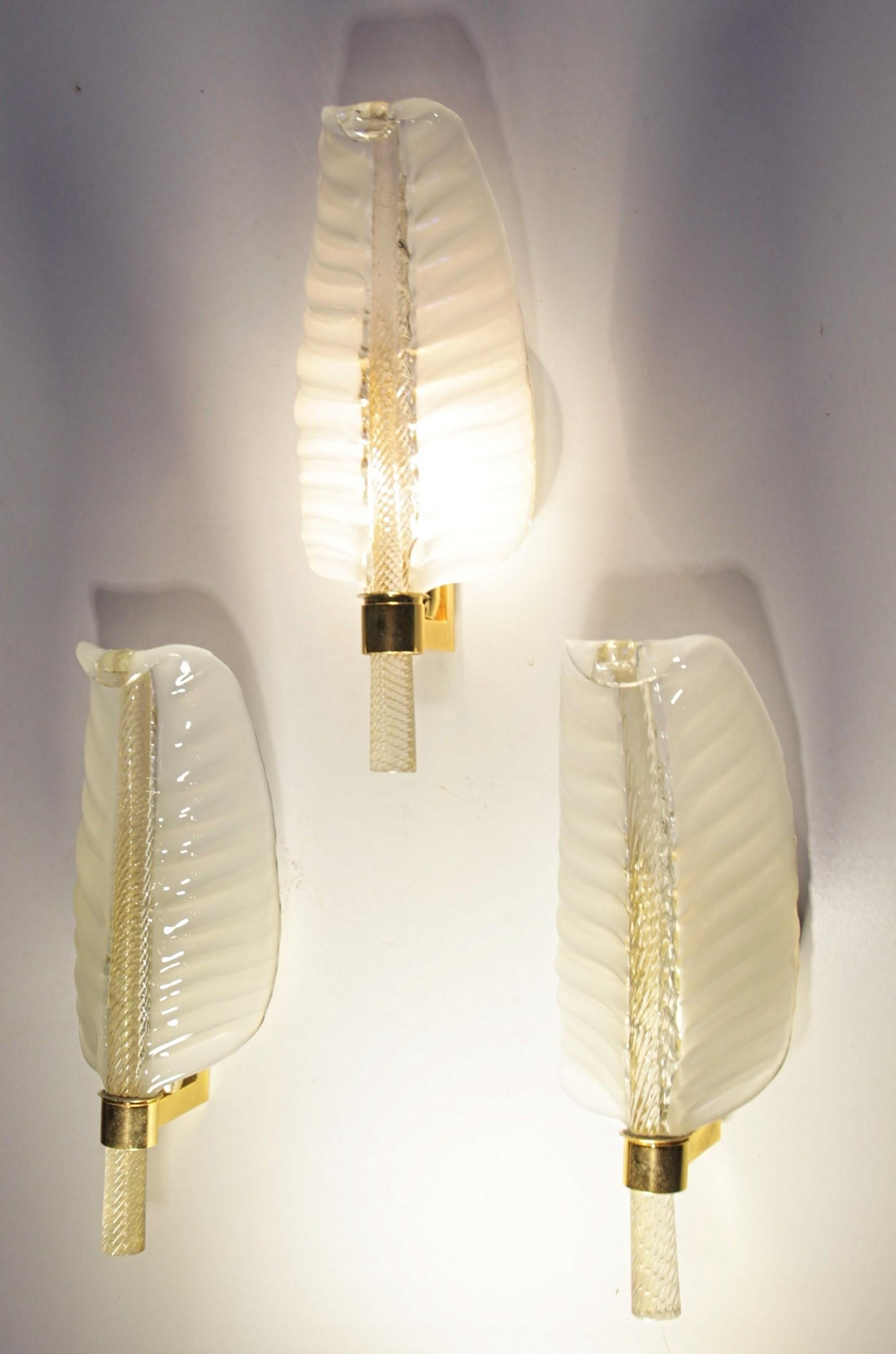 Three Lattimo Glass Feather Sconces, Gold Leaf Rigadin Stem Venini Buzzi Style 1