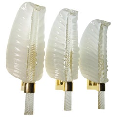 Three Lattimo Glass Feather Sconces, Gold Leaf Rigadin Stem Venini Buzzi Style