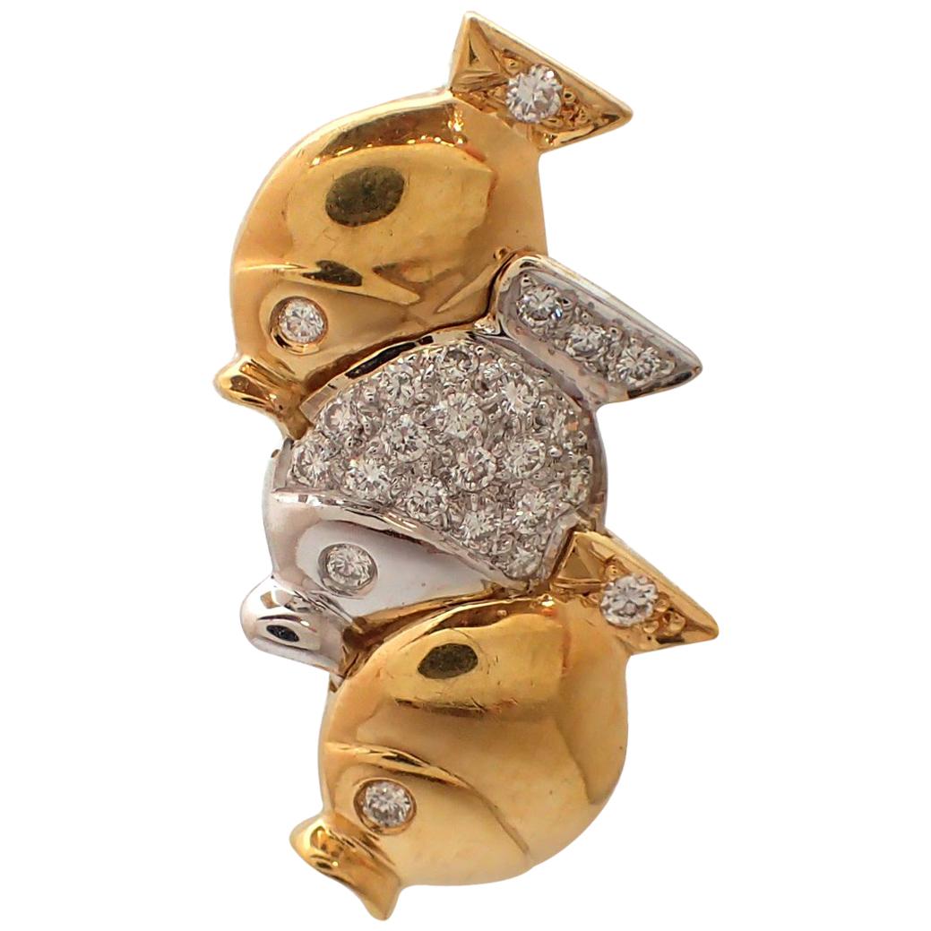 Three Fishes Diamond Pin in 18 Karat Yellow Gold For Sale
