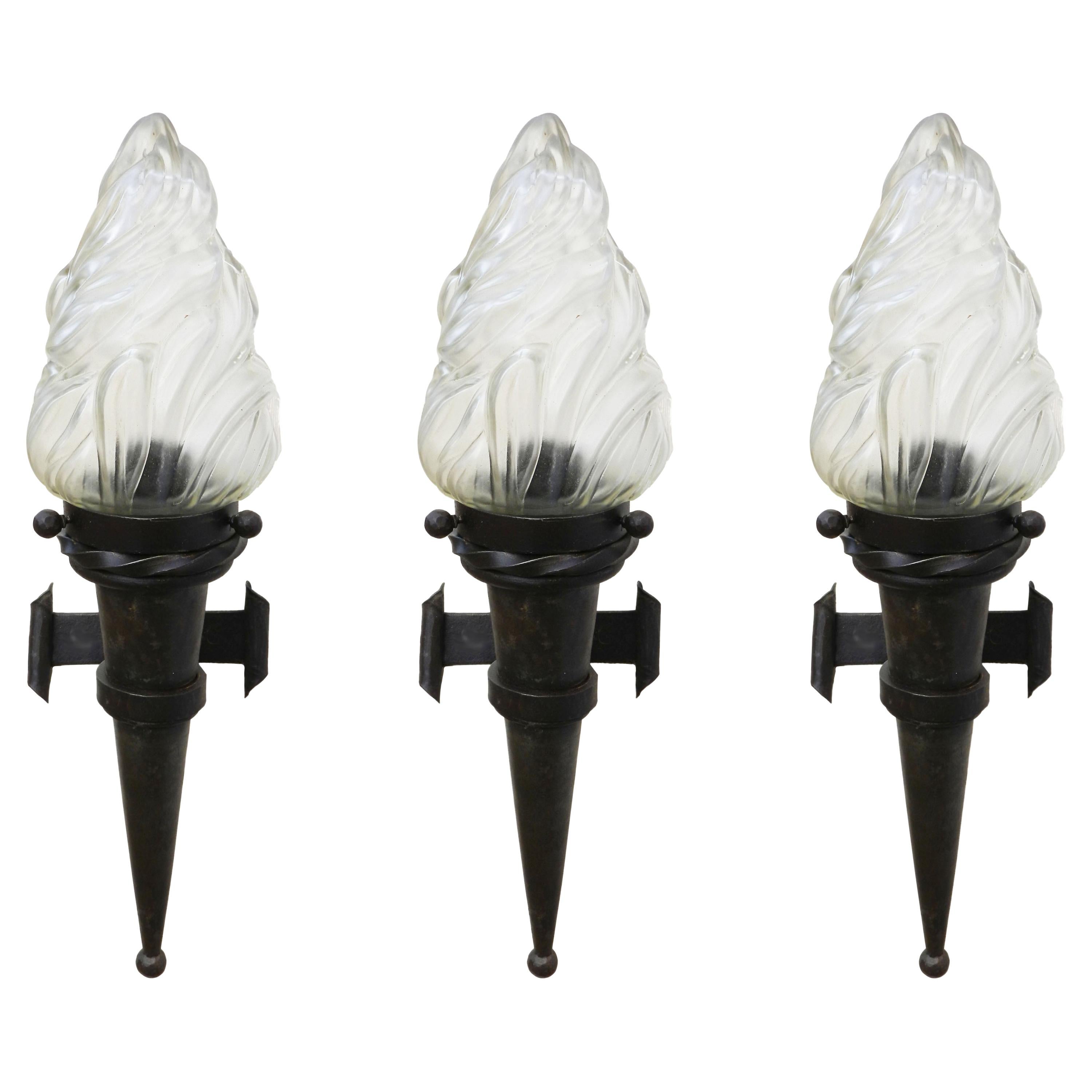 Three Flame Sconces Wall Lights Large Forged Iron Glass French, c1930 Sell Sep