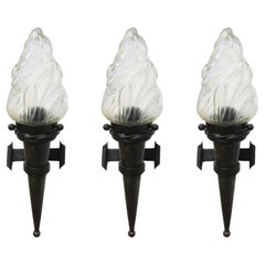 Used Three Flame Sconces Wall Lights Large Forged Iron Glass French, c1930 Sell Sep