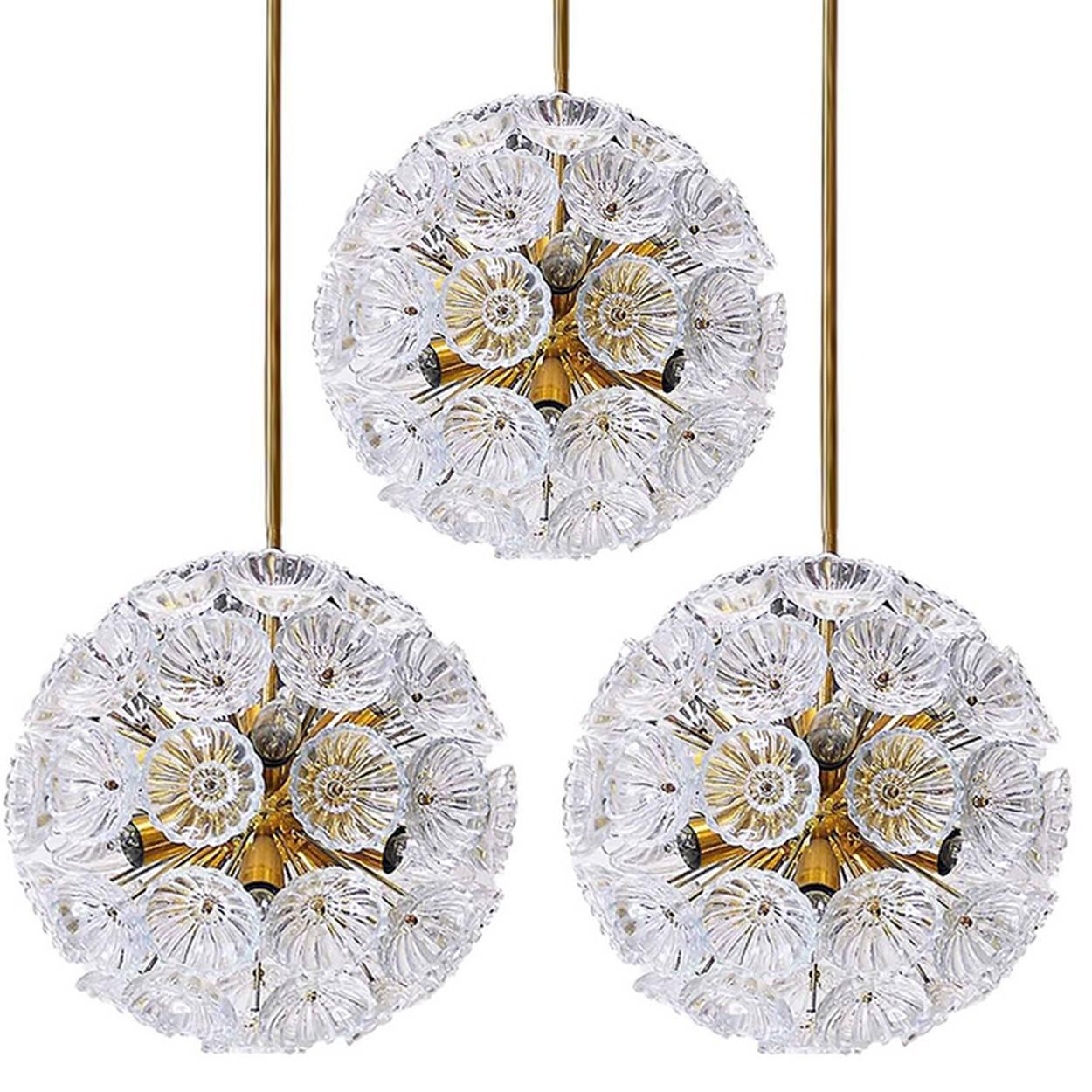 German Three Floral Brass and Glass Chandeliers in the Style of Emile Stejnar For Sale