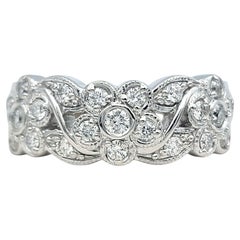 Three Flower Motif Round Brilliant Diamond Band Ring in 14 Karat White Gold