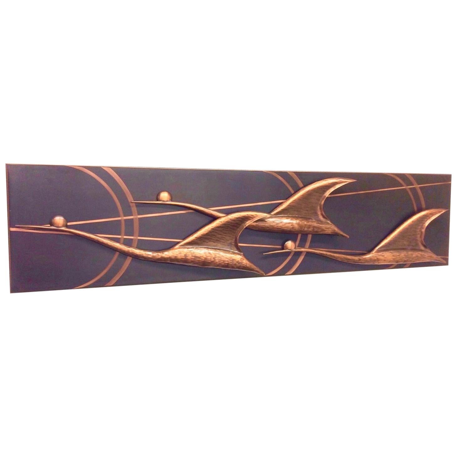 Three Flying Cranes Copper Wall Decoration Wall Panel Vintage, 1970s