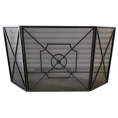 Three Fold Wrought Iron Fireplace Mesh Screen, 20th Century