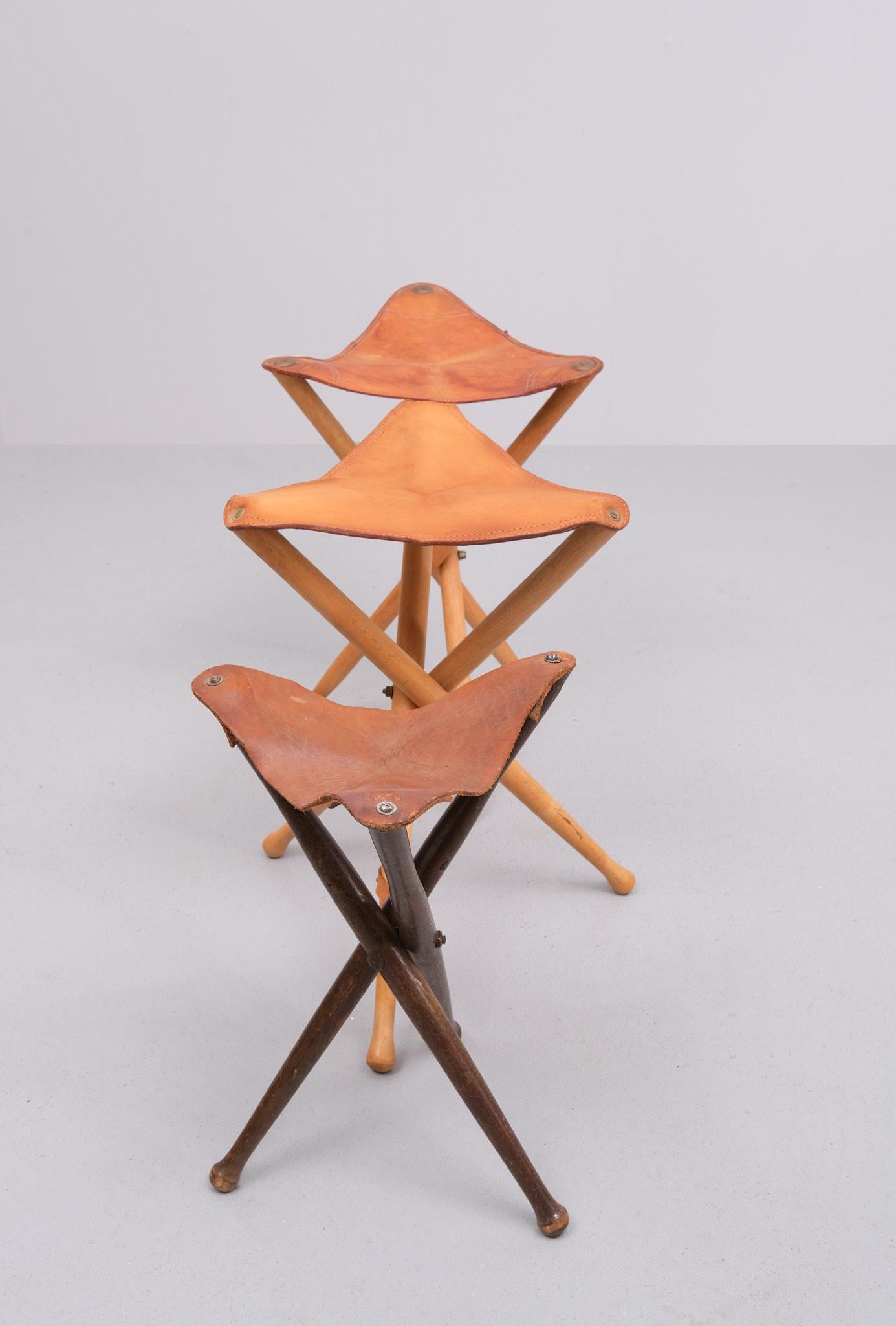 Mid-Century Modern Three folding hunting chairs Leather seats 1960s  For Sale