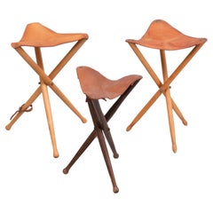 Vintage Three folding hunting chairs Leather seats 1960s 