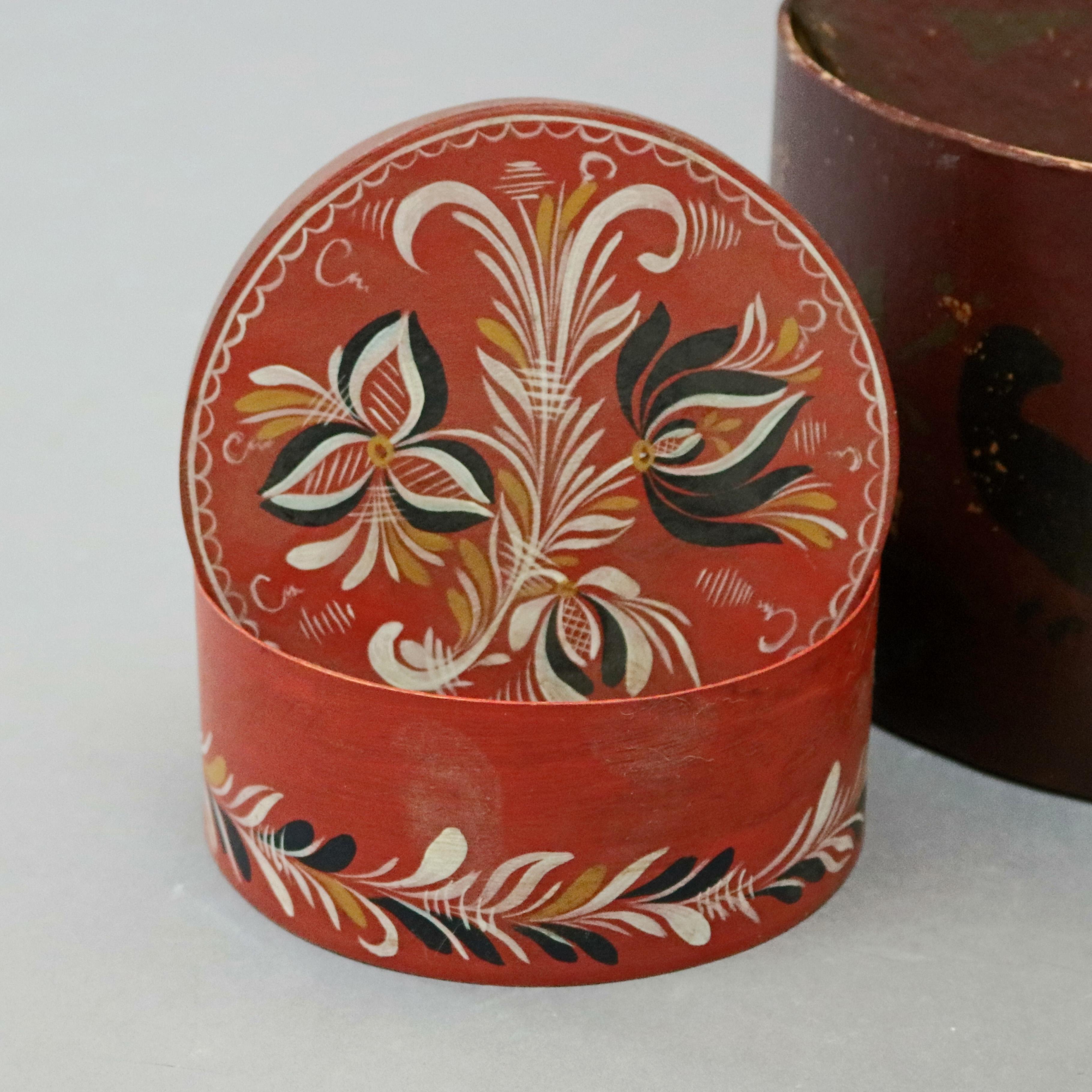 American Three Folk Art Paint Decorated Graduated Oval Lesher School Shaker Boxes
